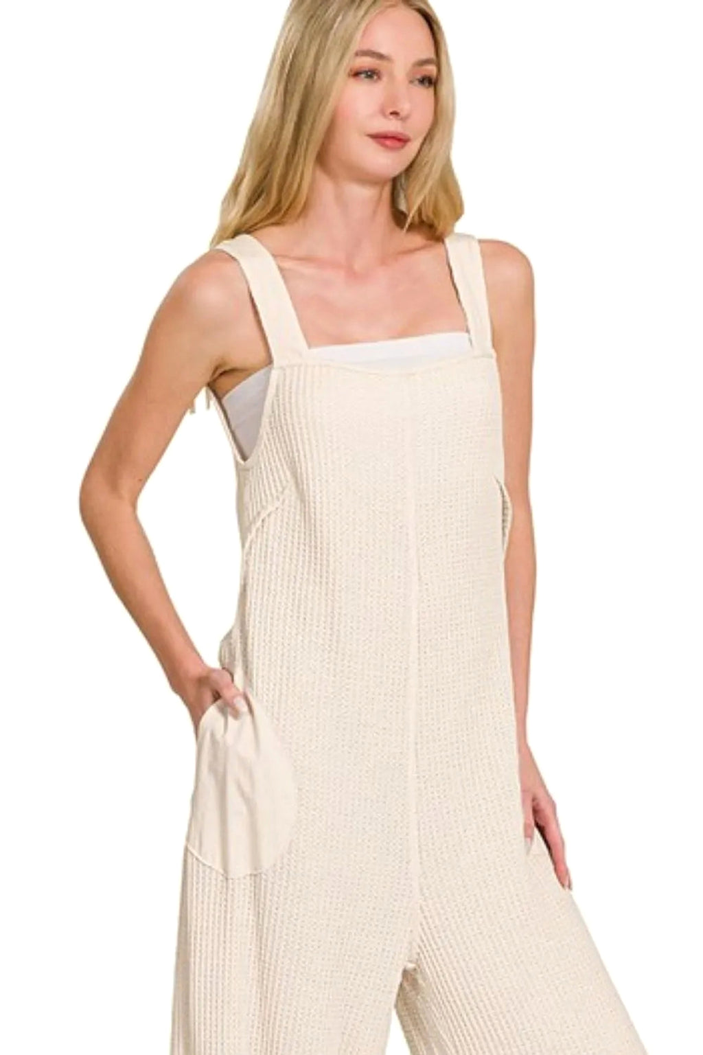 Zenana Knit Waffle Wide Leg Overalls - enhanced image 3