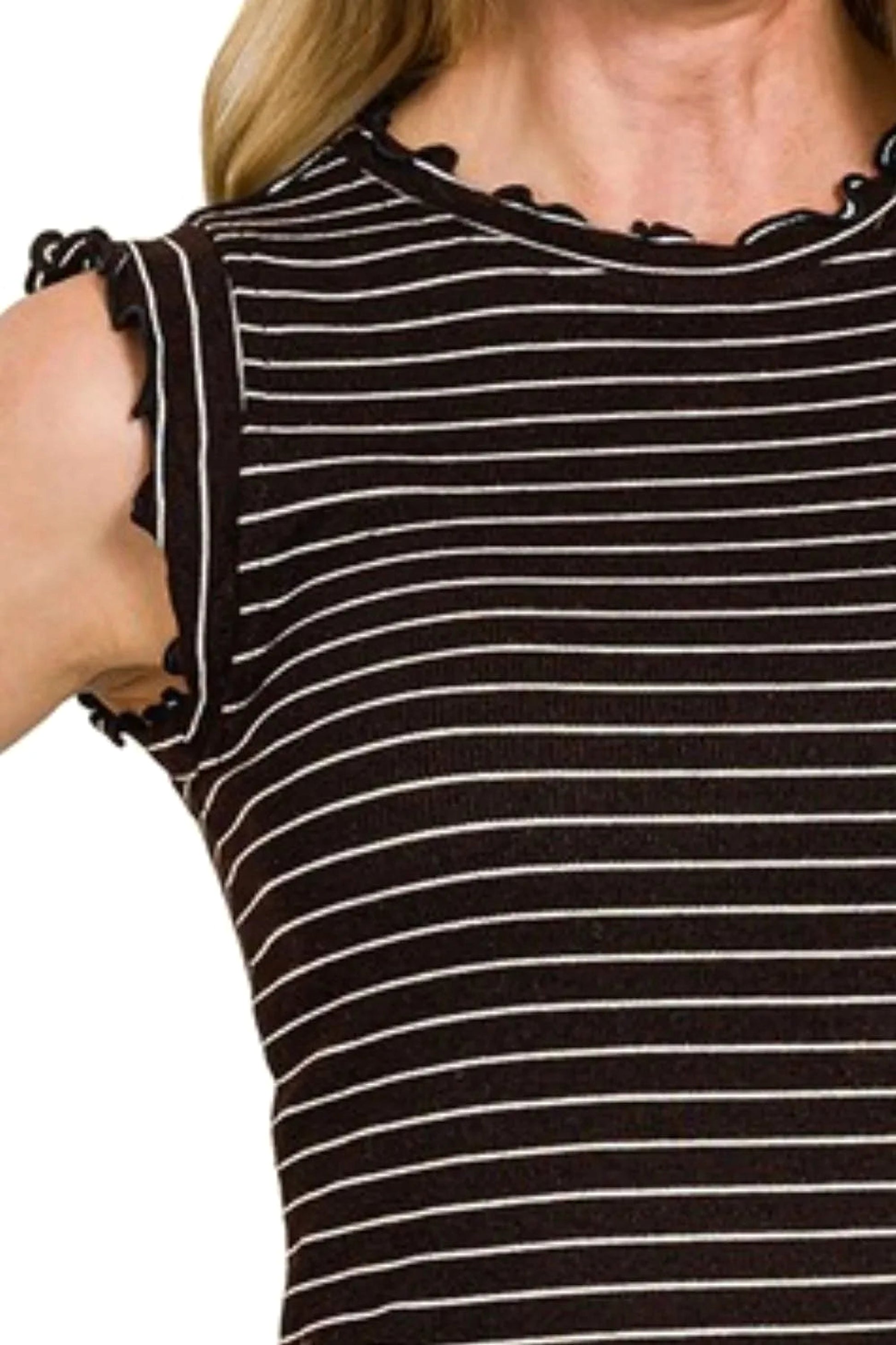 Zenana Ribbed Ruffle Trim Sleeveless Stripe Top - enhanced image 3