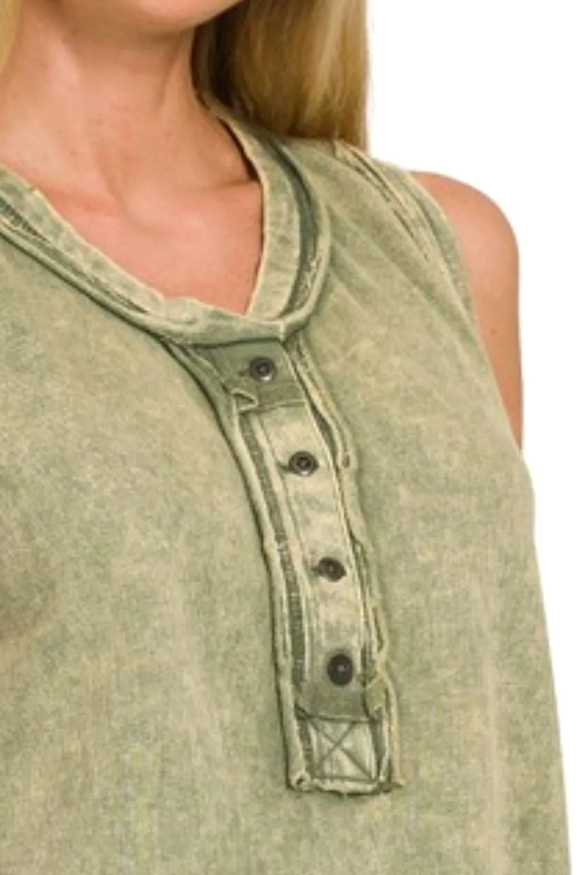 Zenana Washed Half-button Raw Edge Sleeveless Henley Top - enhanced image 3