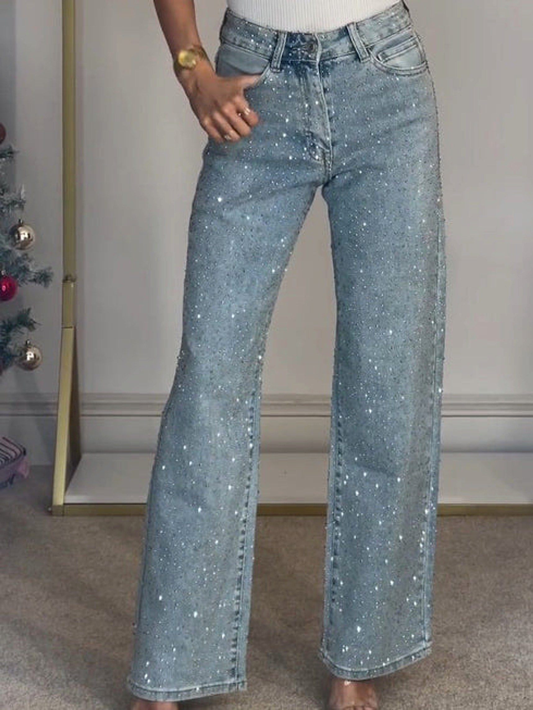 25 Edition – Women’s High Waist Straight Street Jeans with Glitter Details - enhanced image 4