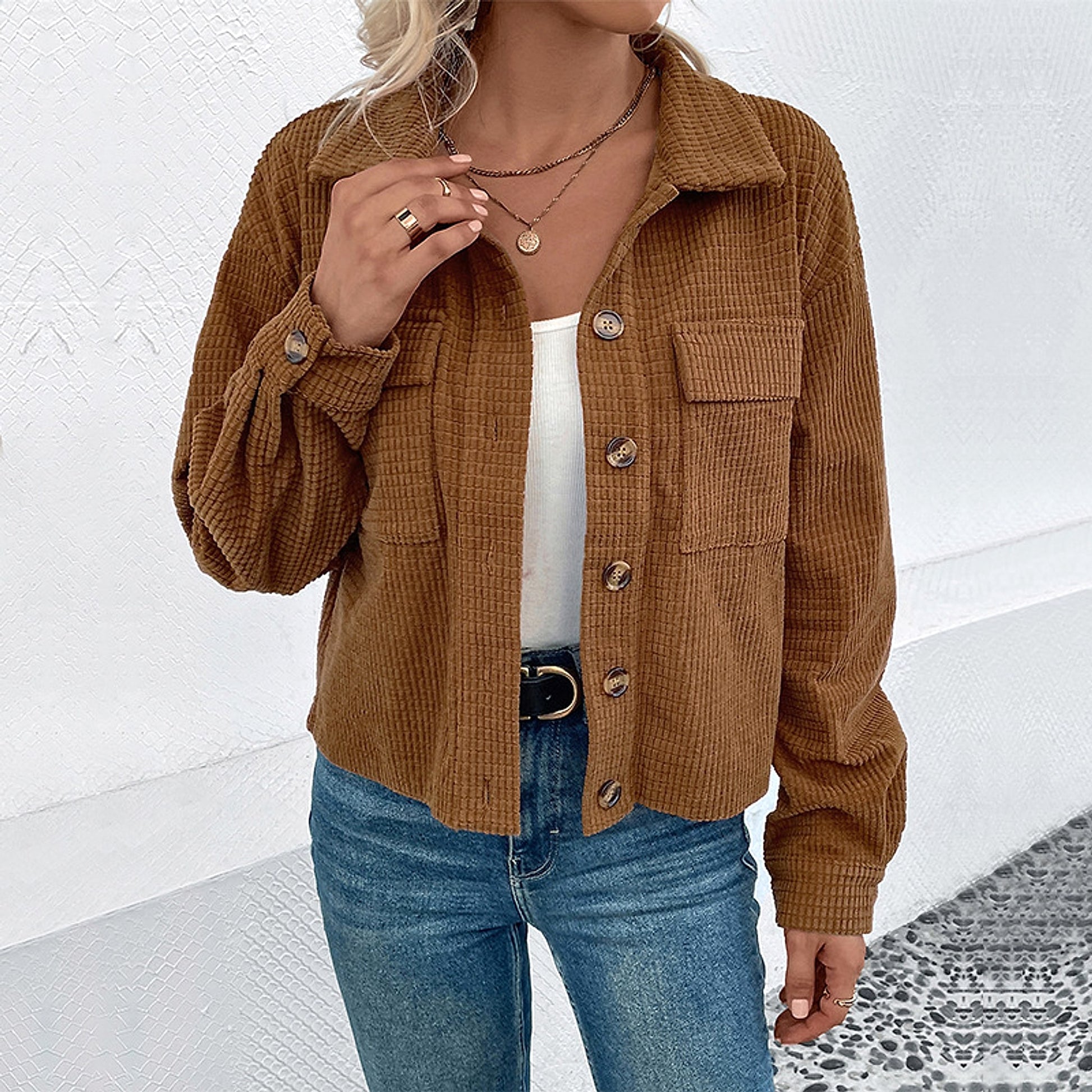 Autumn And Winter Corduroy Polo Collar Jacket Vintage Brown Pocket Coat Women - enhanced image 4