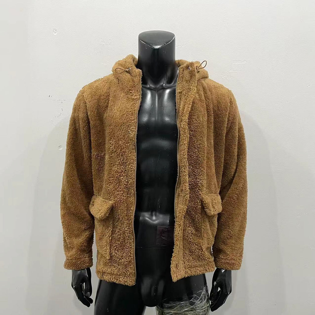 Autumn And Winter Men's Hooded Solid Color Coat Jacket Polar Fleece European And American Leisure Trendy - enhanced image 4