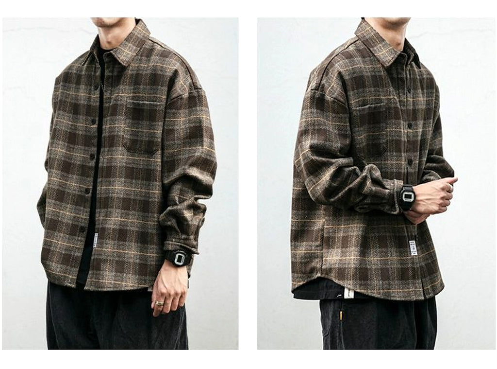Autumn Winter Retro Sanding Padded Plaid DressShirt Men - enhanced image 4