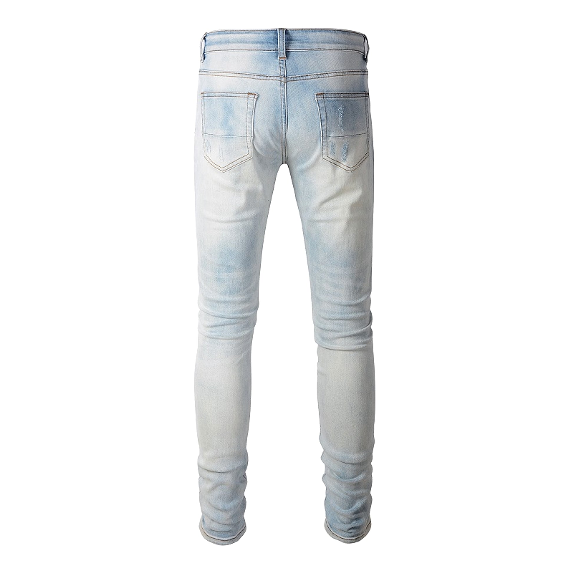 Baby Blue Wash Water Worn Patch Torn Jeans Male - enhanced image 4