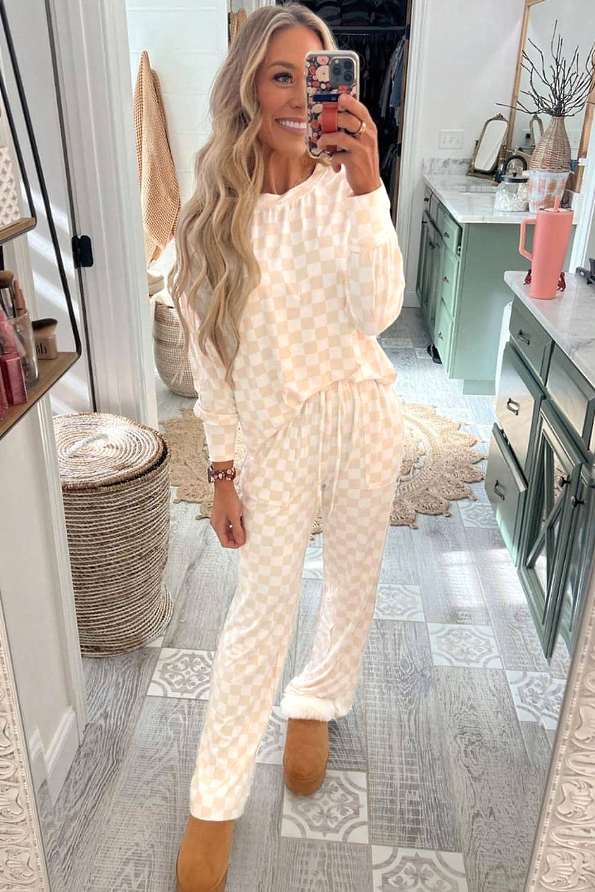 Beige Checkered Print Long Sleeve Top and Pants Lounge Set - enhanced image 4