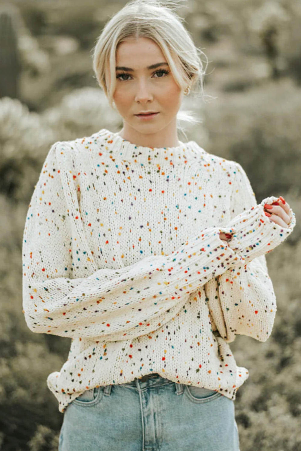 Beige Colorful Confetti Dots Cable Knit Crew Neck Sweater - enhanced image 4