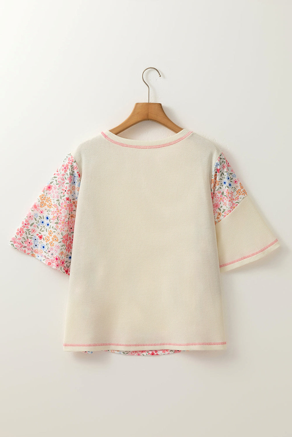 Beige Floral Patchwork Chest Pocket Wide Sleeve Waffle T Shirt - enhanced image 4