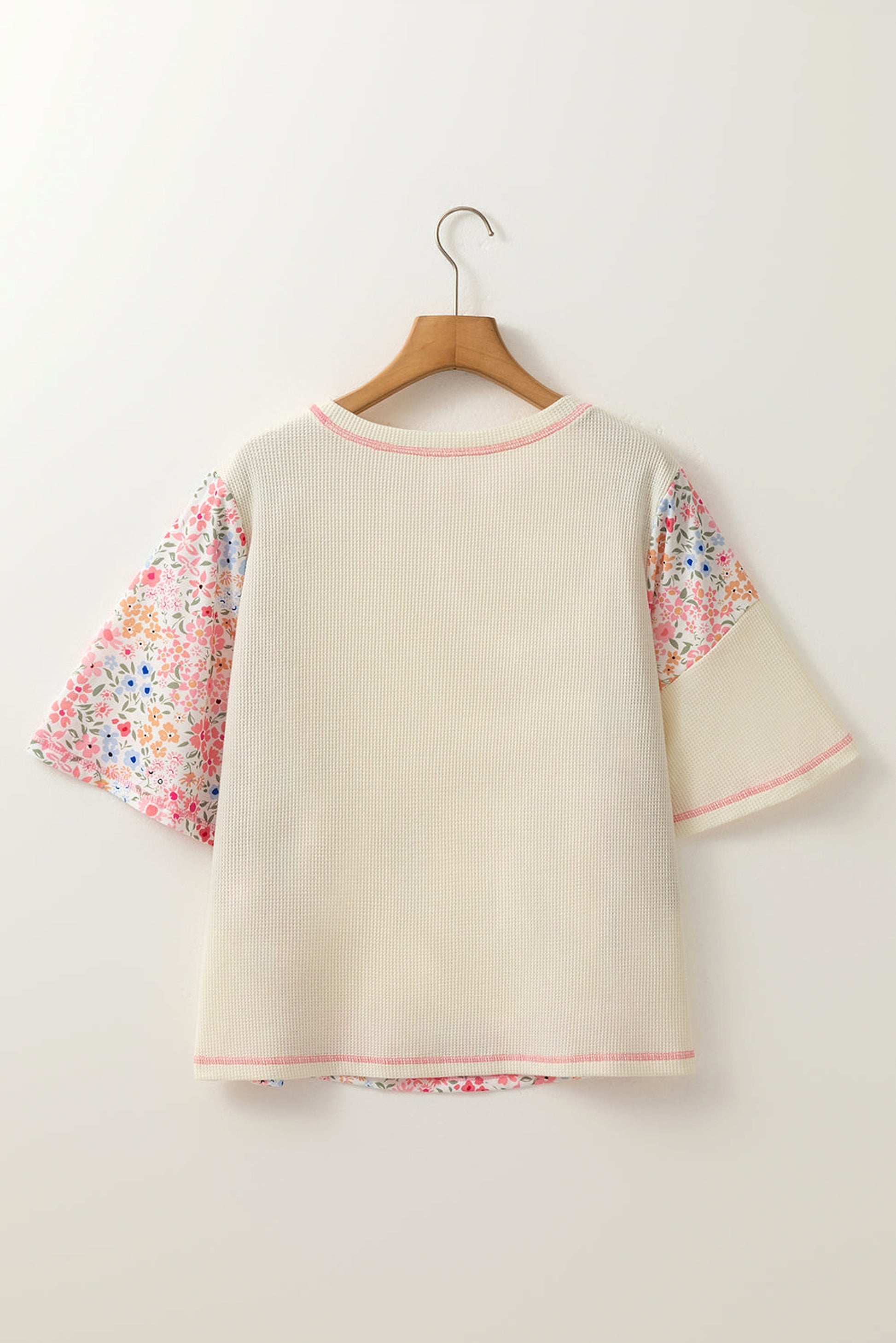 Beige Floral Patchwork Chest Pocket Wide Sleeve Waffle T Shirt - enhanced image 4