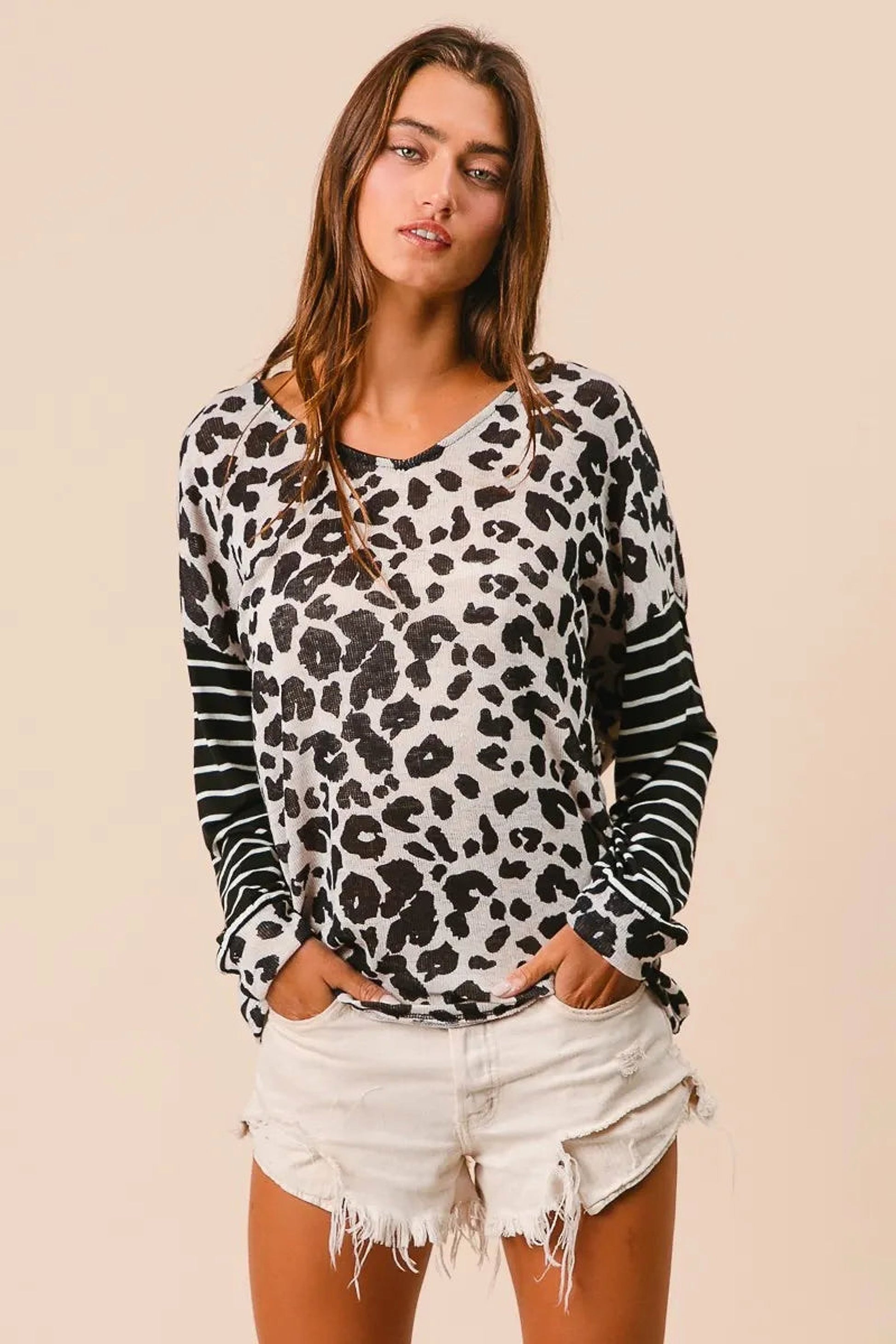 BiBi Leopard Hacci Knit Twist Back Top With Stripe Sleeve - enhanced image 4