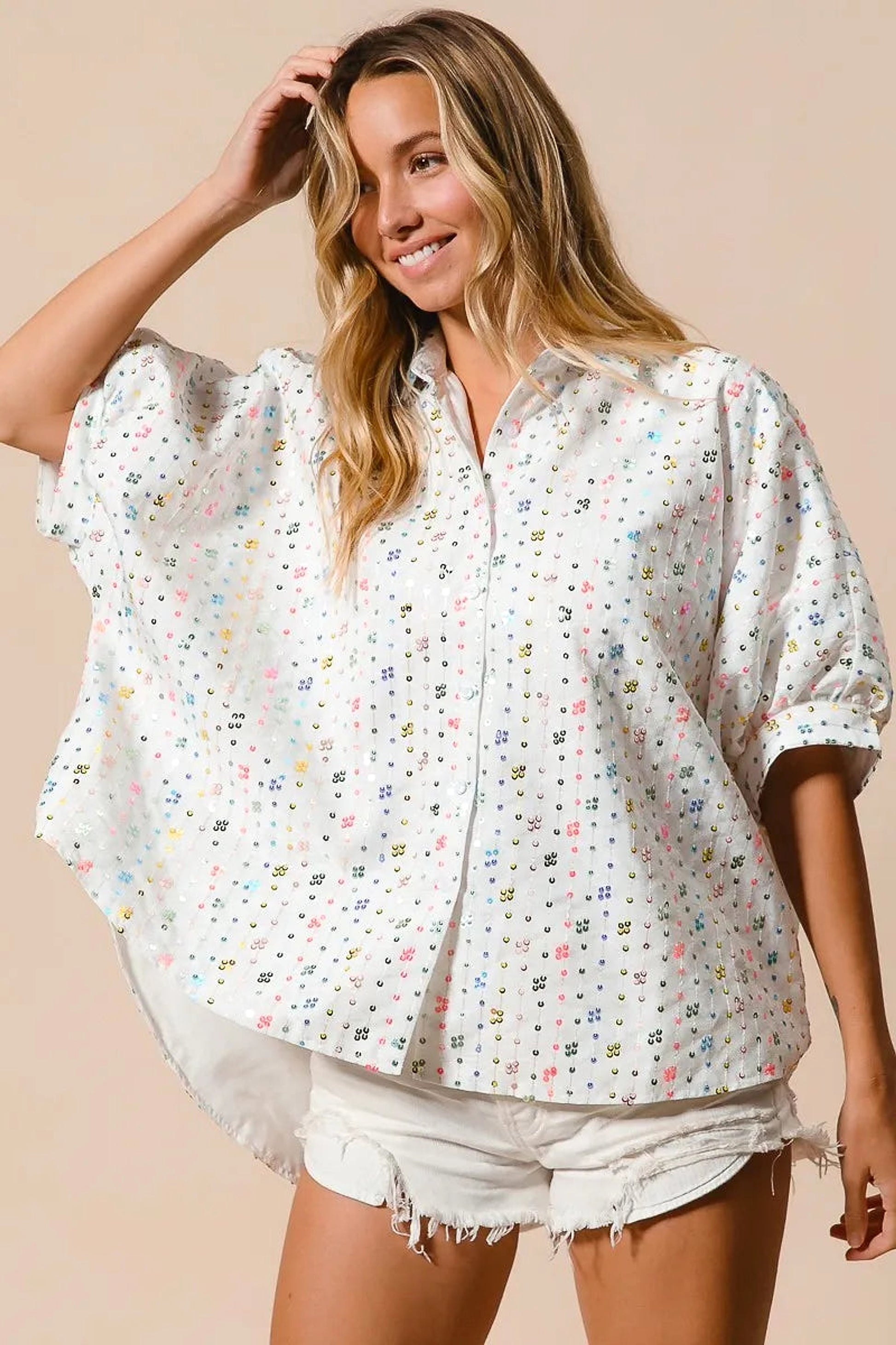 BiBi Sequin Striped Short Dolman Sleeve Blouse - enhanced image 4