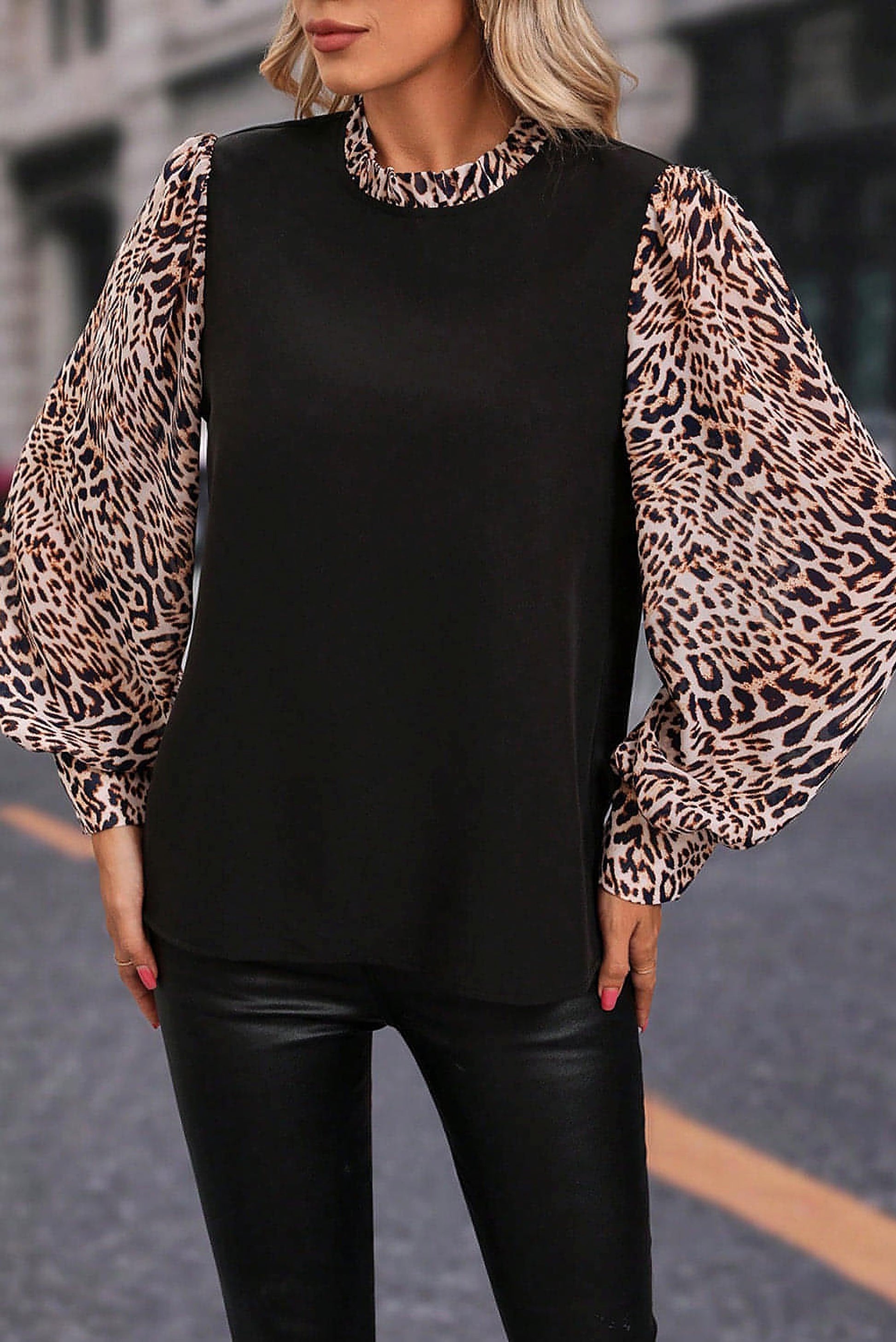 Black Contrast Leopard Print Lantern Sleeve Blouse - enhanced image 4