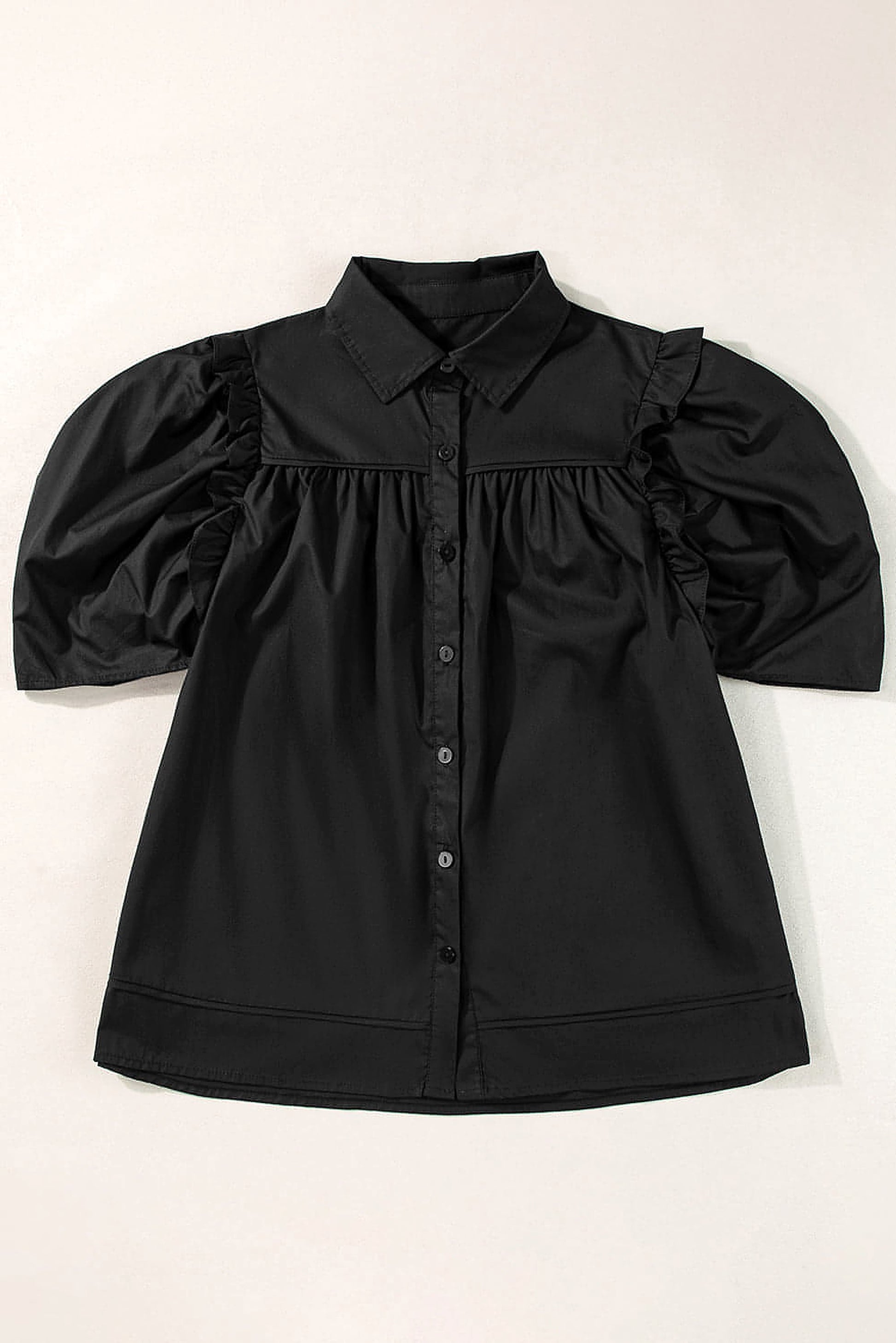 Black Crisp Puff Sleeve Loose Shirt - enhanced image 4