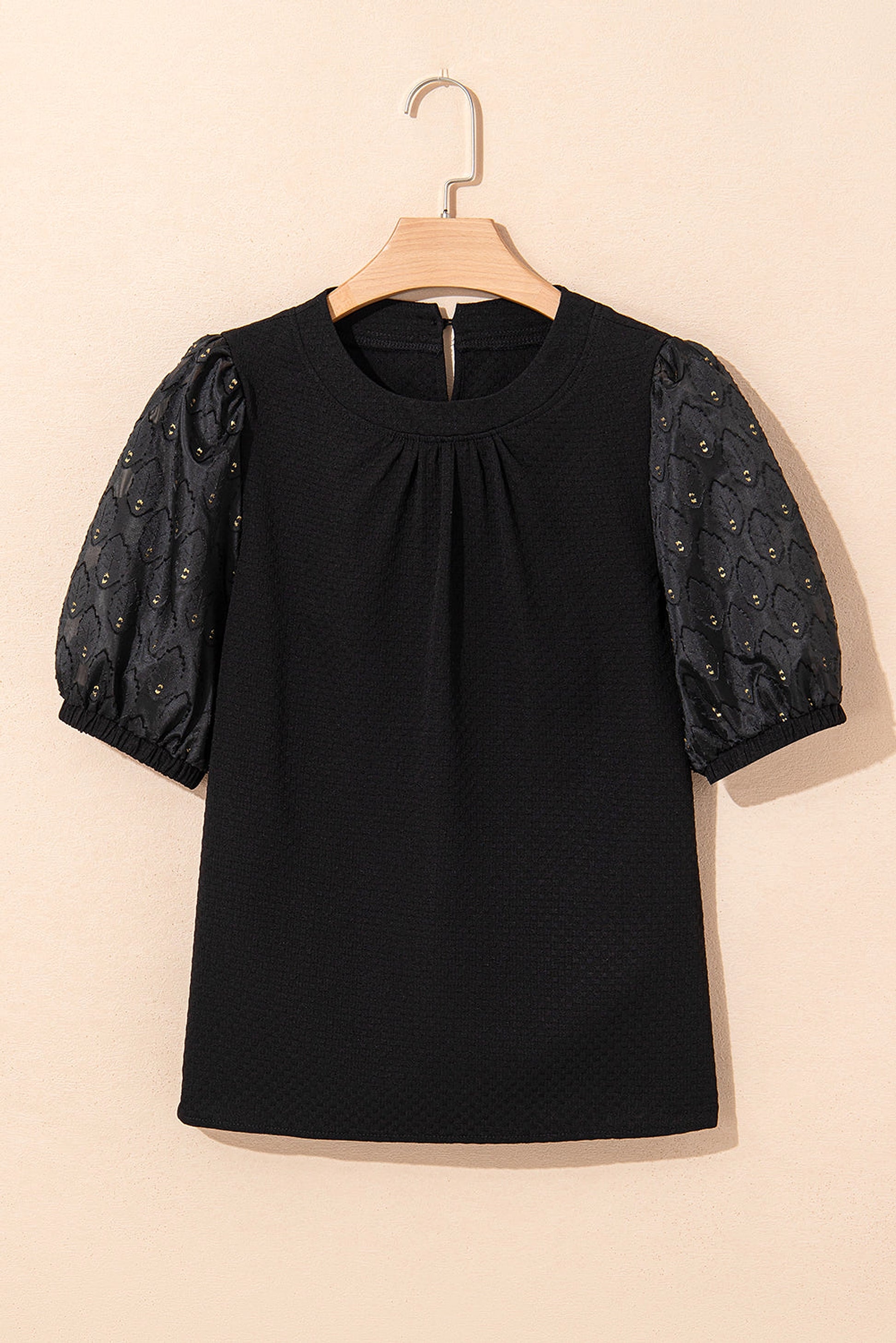 Black Feather Bubble Sleeve Patchwork Textured Blouse - enhanced image 4