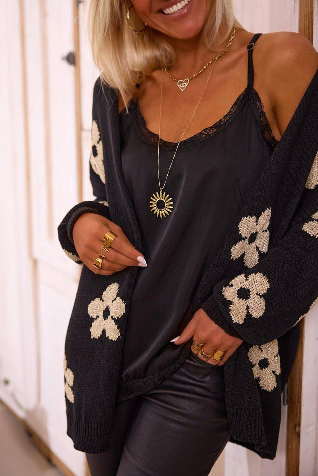 Black Floral Print Knitted Open Front Loose Cardigan - enhanced image 4