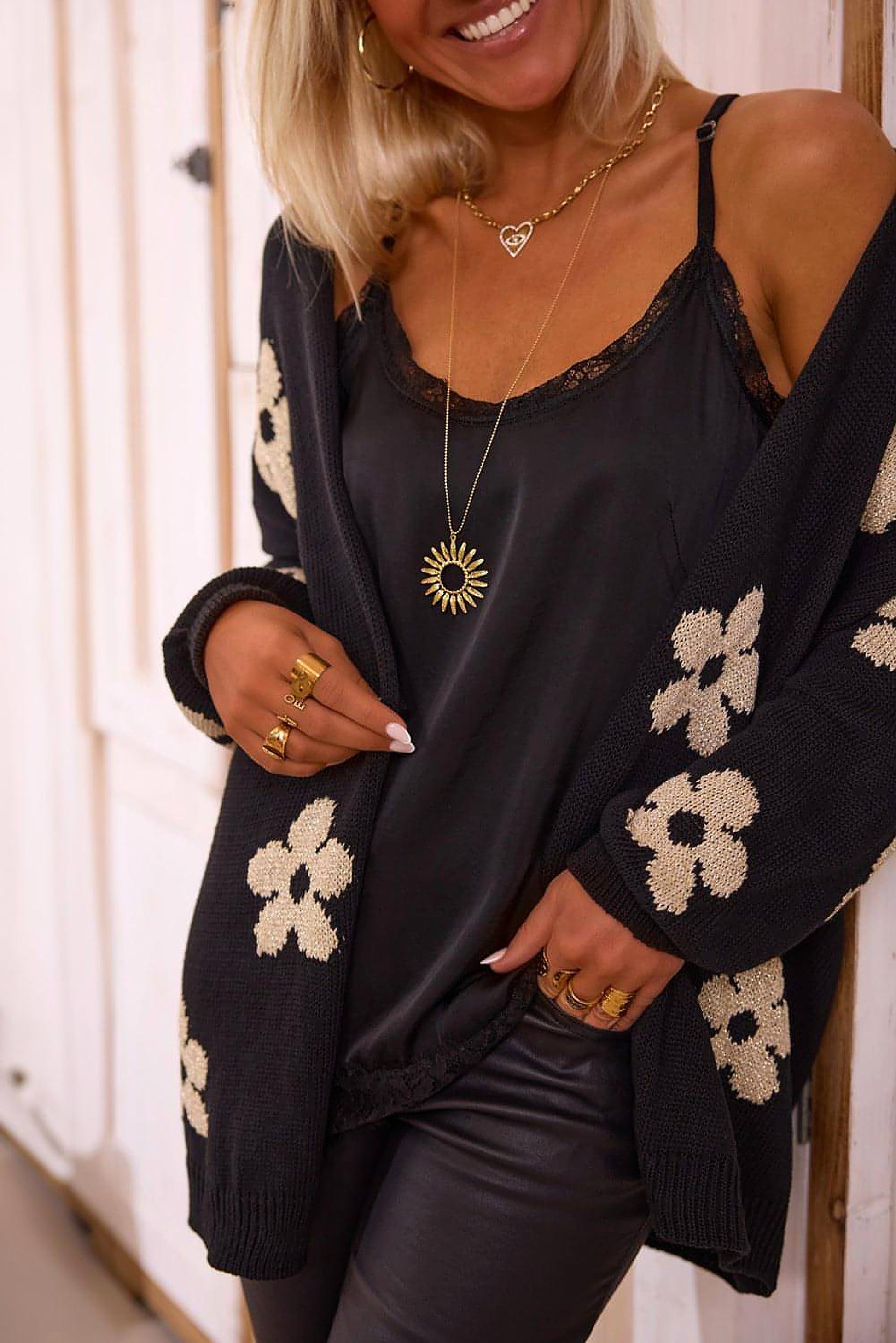 Black Floral Print Knitted Open Front Loose Cardigan - enhanced image 4