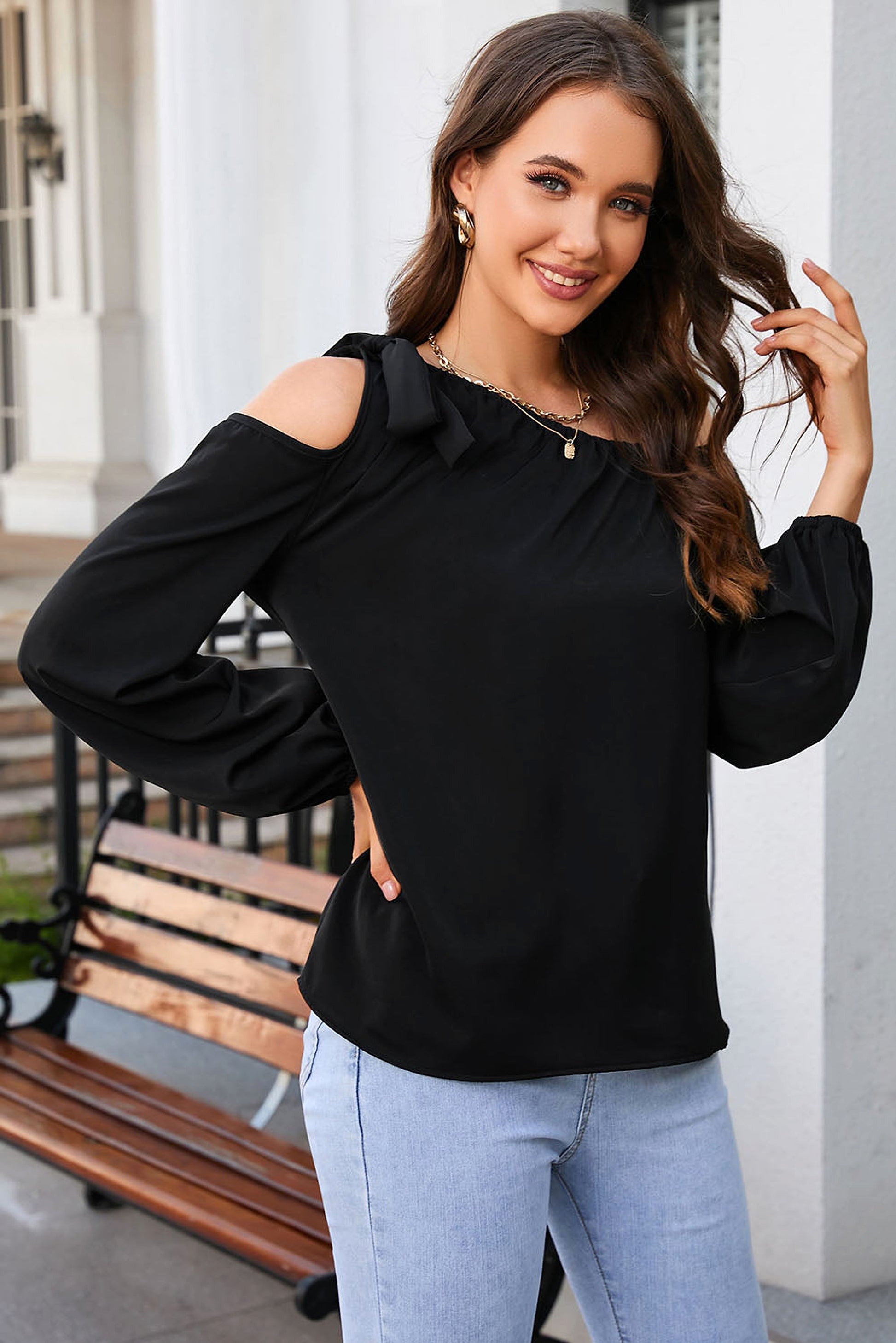 Black Knotted Asymmetric Off Shoulder Blouse - enhanced image 4