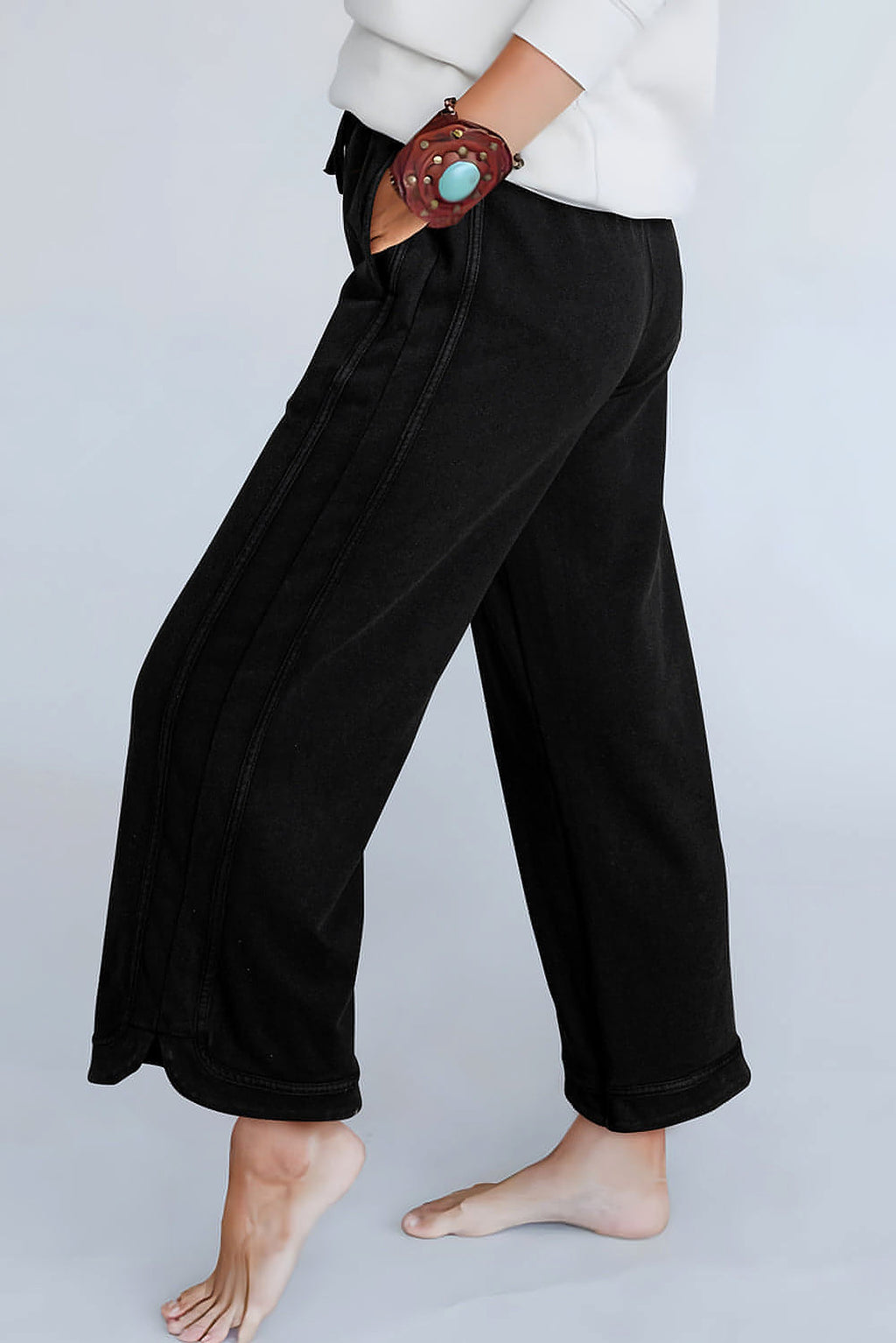 Black Mineral Wash Exposed Seam Wide Leg Pants - enhanced image 4