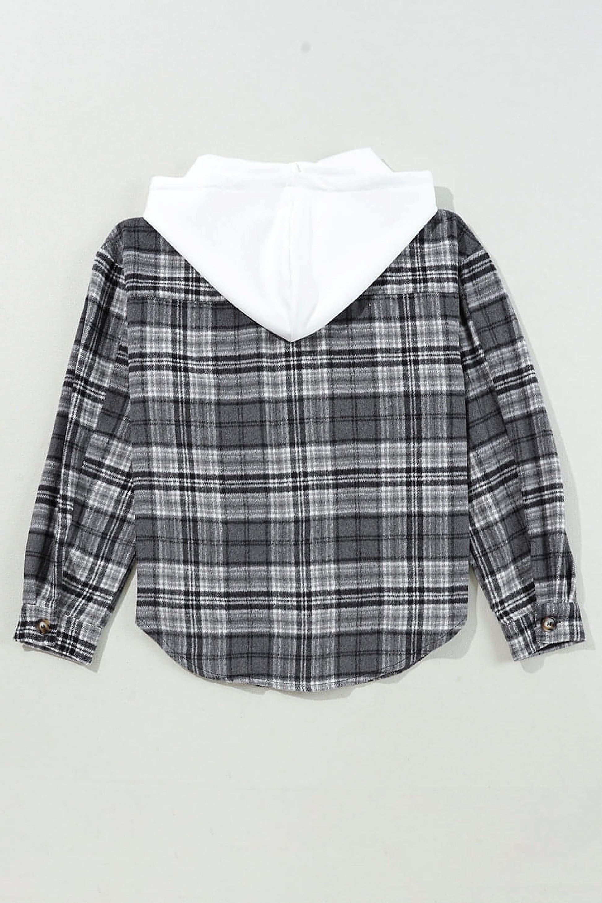 Black Plaid Print Flap Pockets Contrast Hooded Loose Shacket. - enhanced image 4
