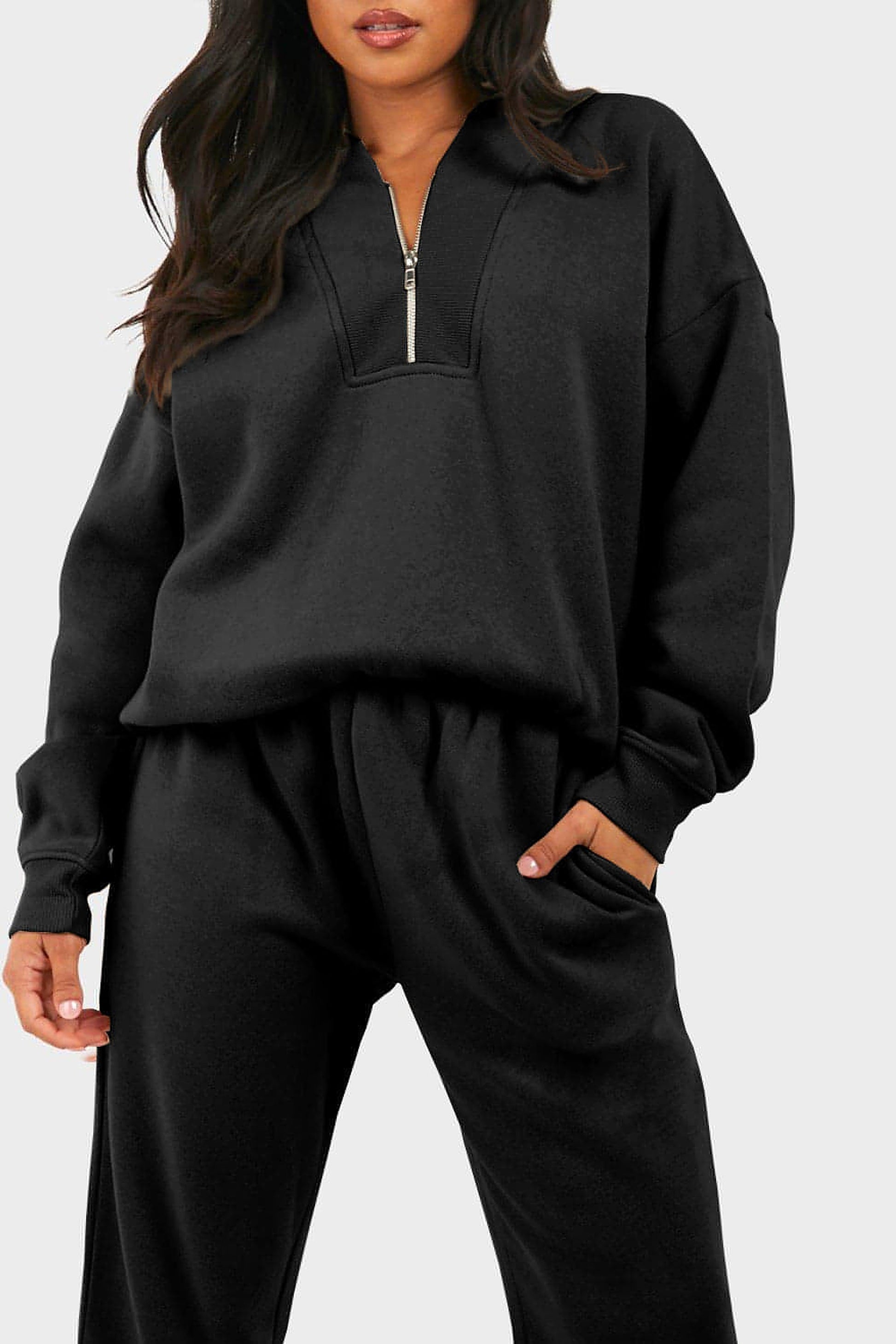 Black Plain Half Zip V Neck Ribbed Edge Loose Tracksuit - enhanced image 4
