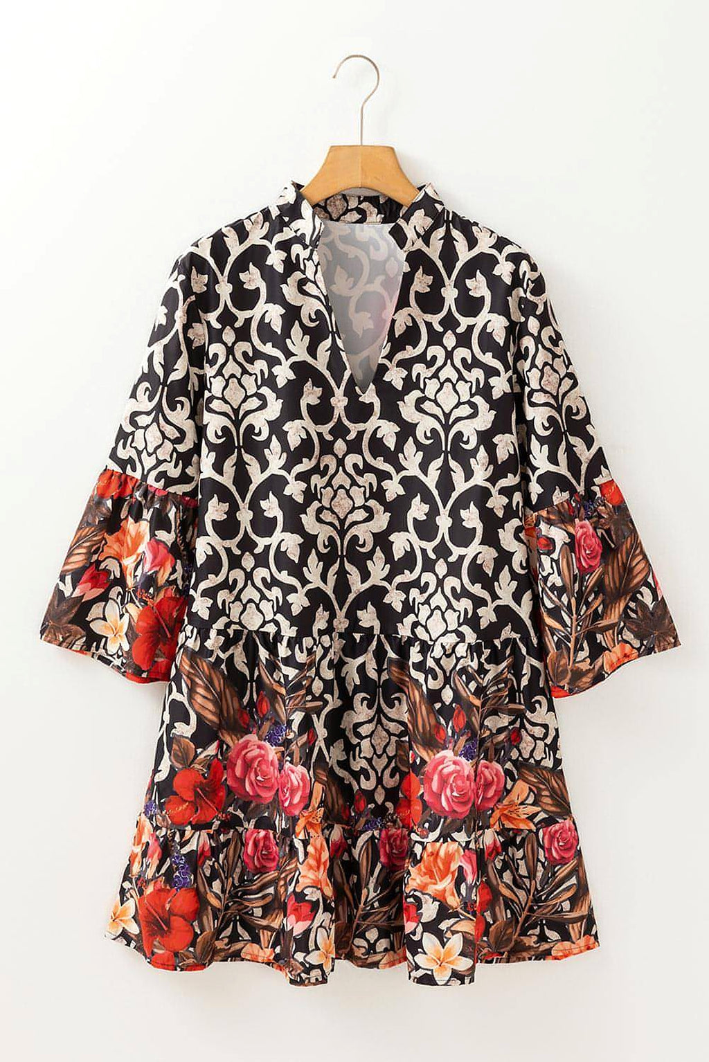 Black Retro Floral Mixed Print Split Neck A-line Dress - enhanced image 4
