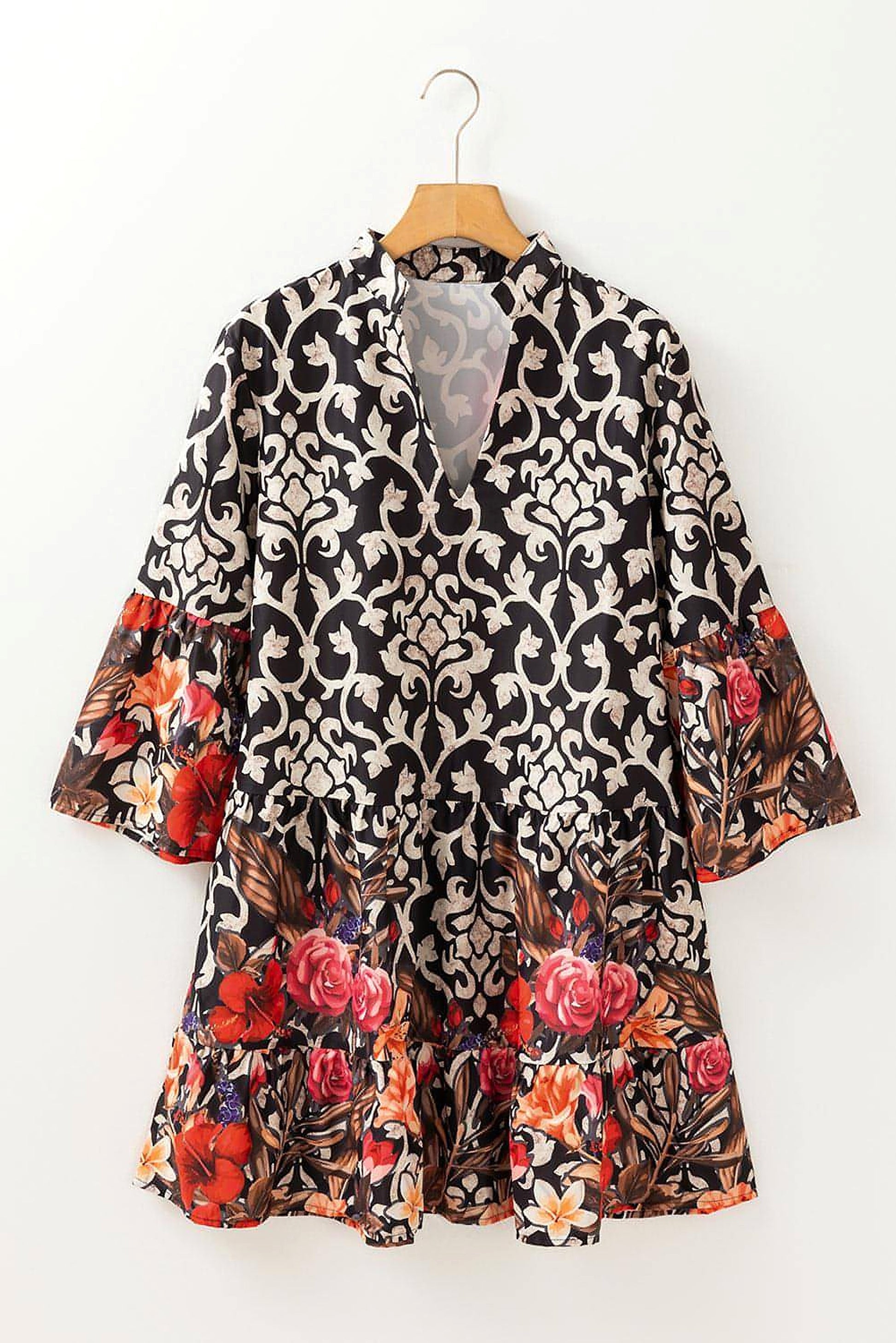 Black Retro Floral Mixed Print Split Neck A-line Dress - enhanced image 4