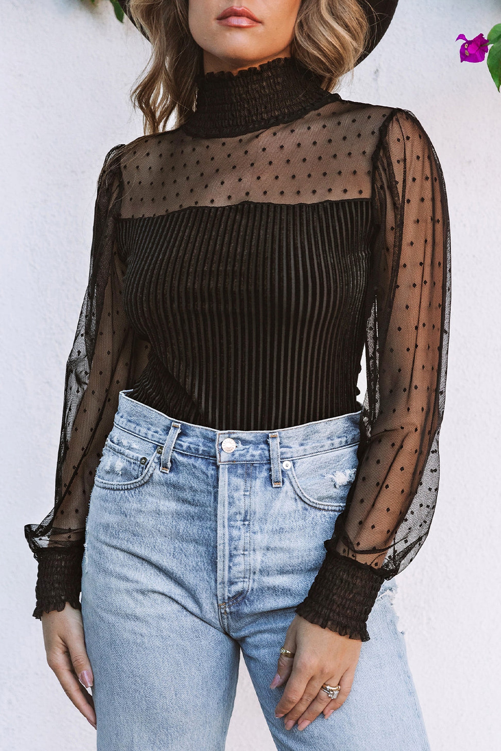 Black Sheer Dotty Long Sleeve Ribbed Velvet Bodysuit - enhanced image 4
