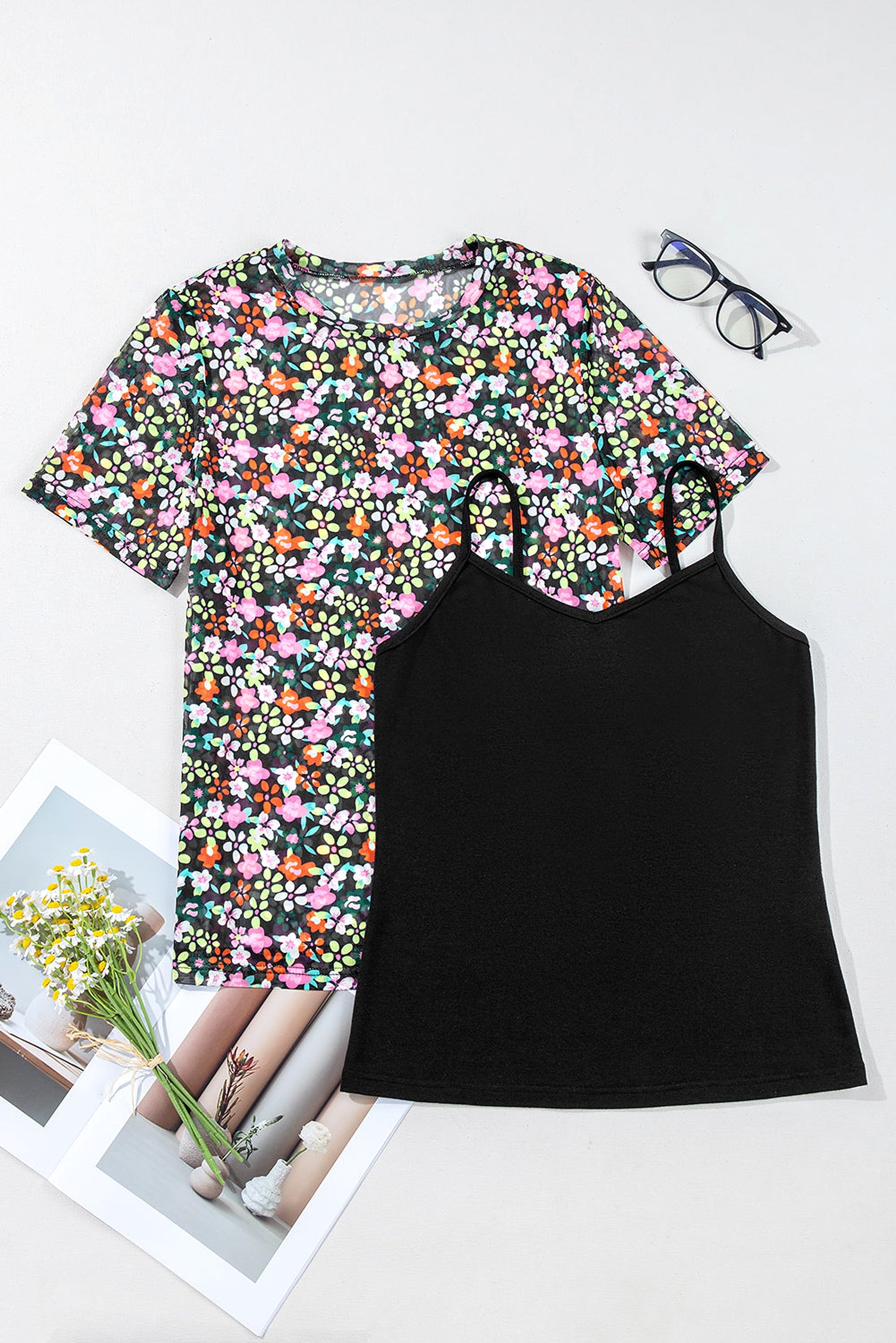 Black Sheer Floral Mesh Round Neck T Shirt - enhanced image 4
