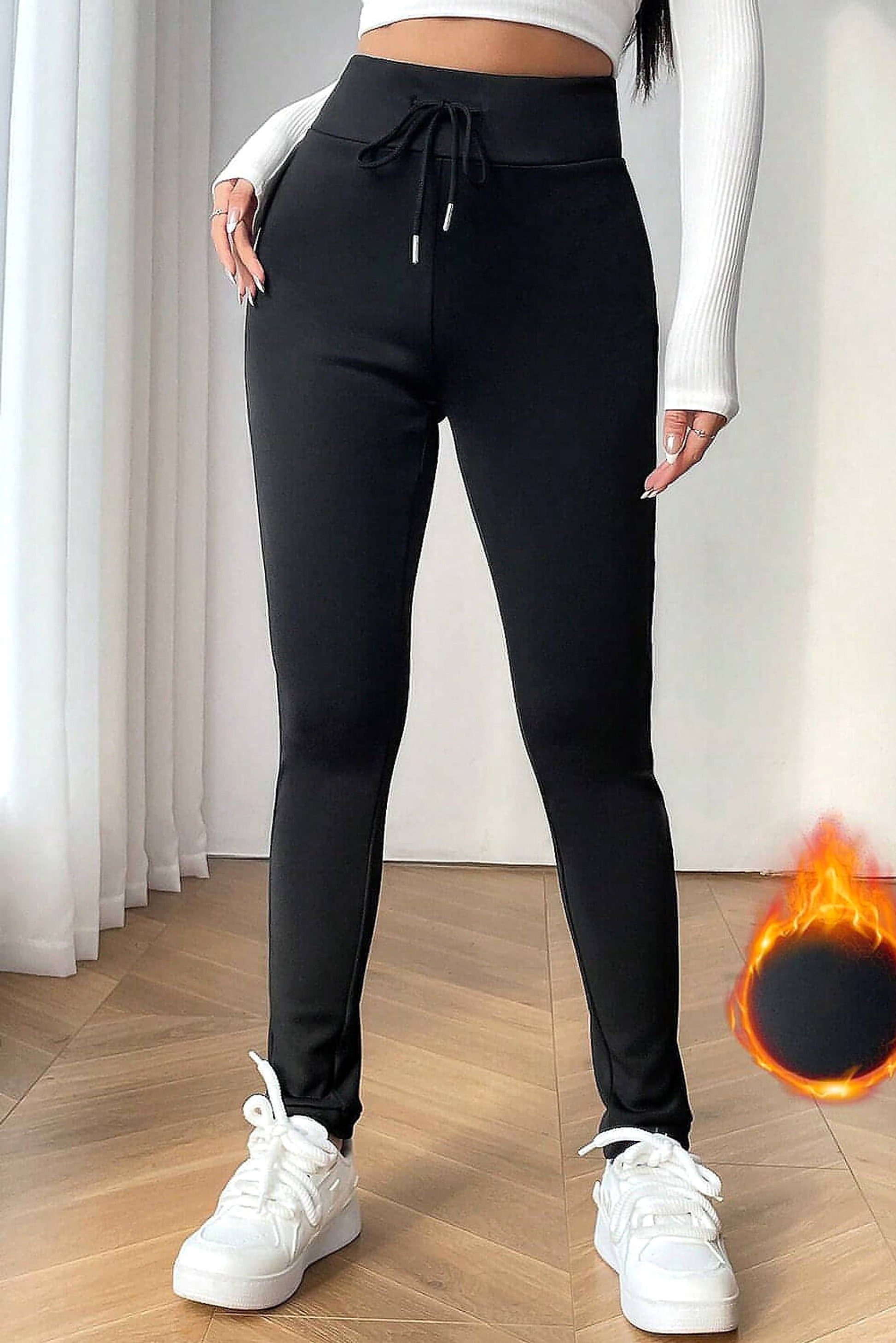 Black Solid Drawstring Waist Thermal Lined Leggings - enhanced image 4
