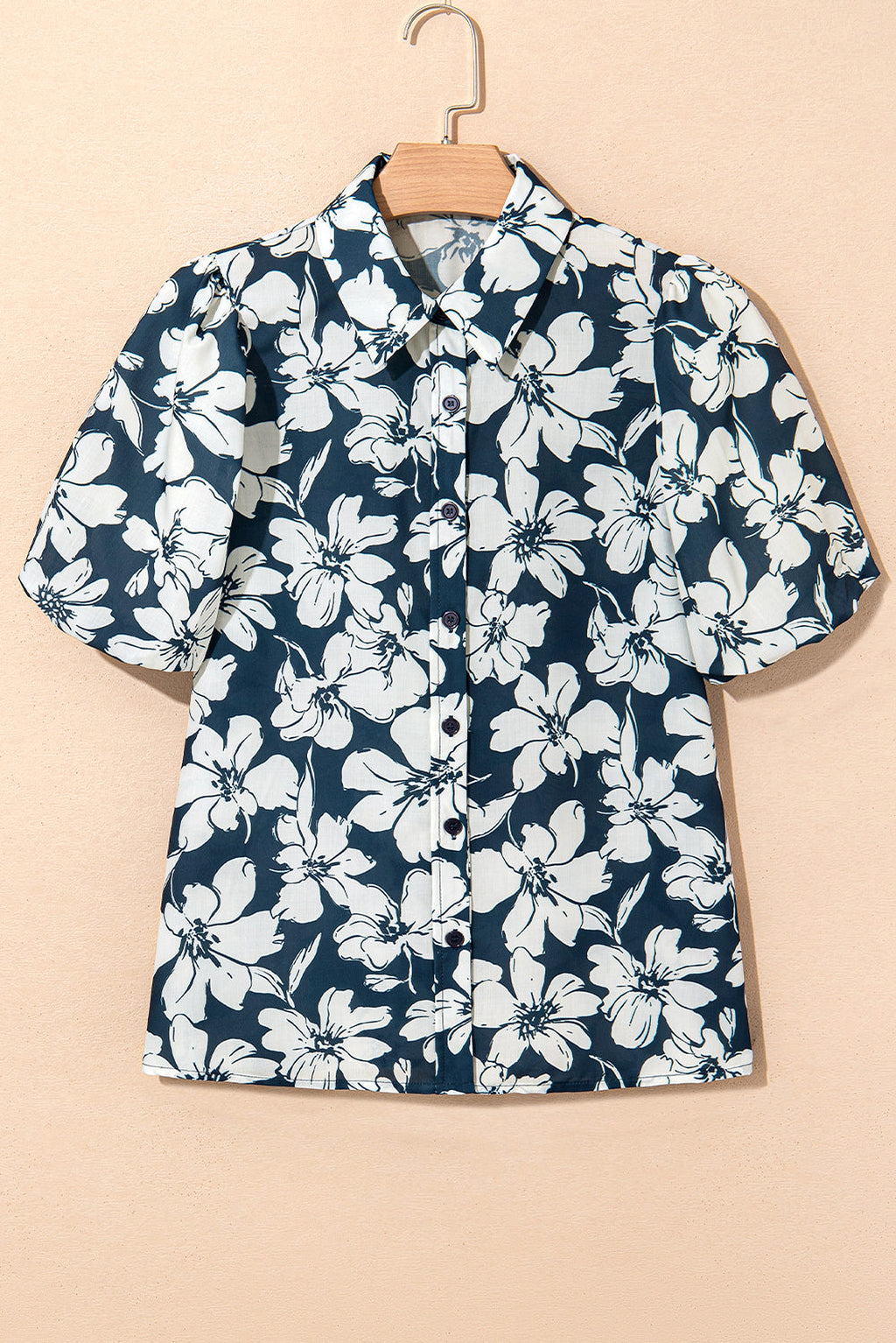 Blue Floral Short Puff Sleeve Summer Shirt - enhanced image 4