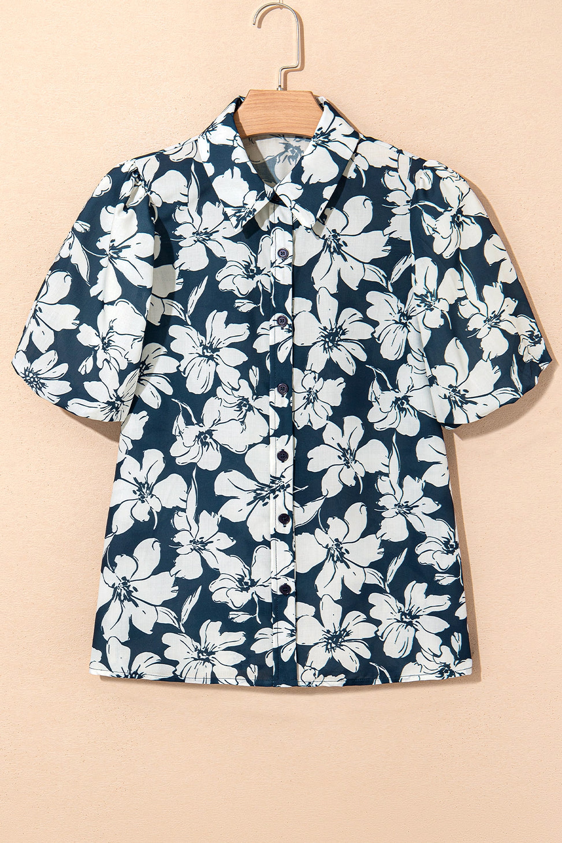 Blue Floral Short Puff Sleeve Summer Shirt - enhanced image 4