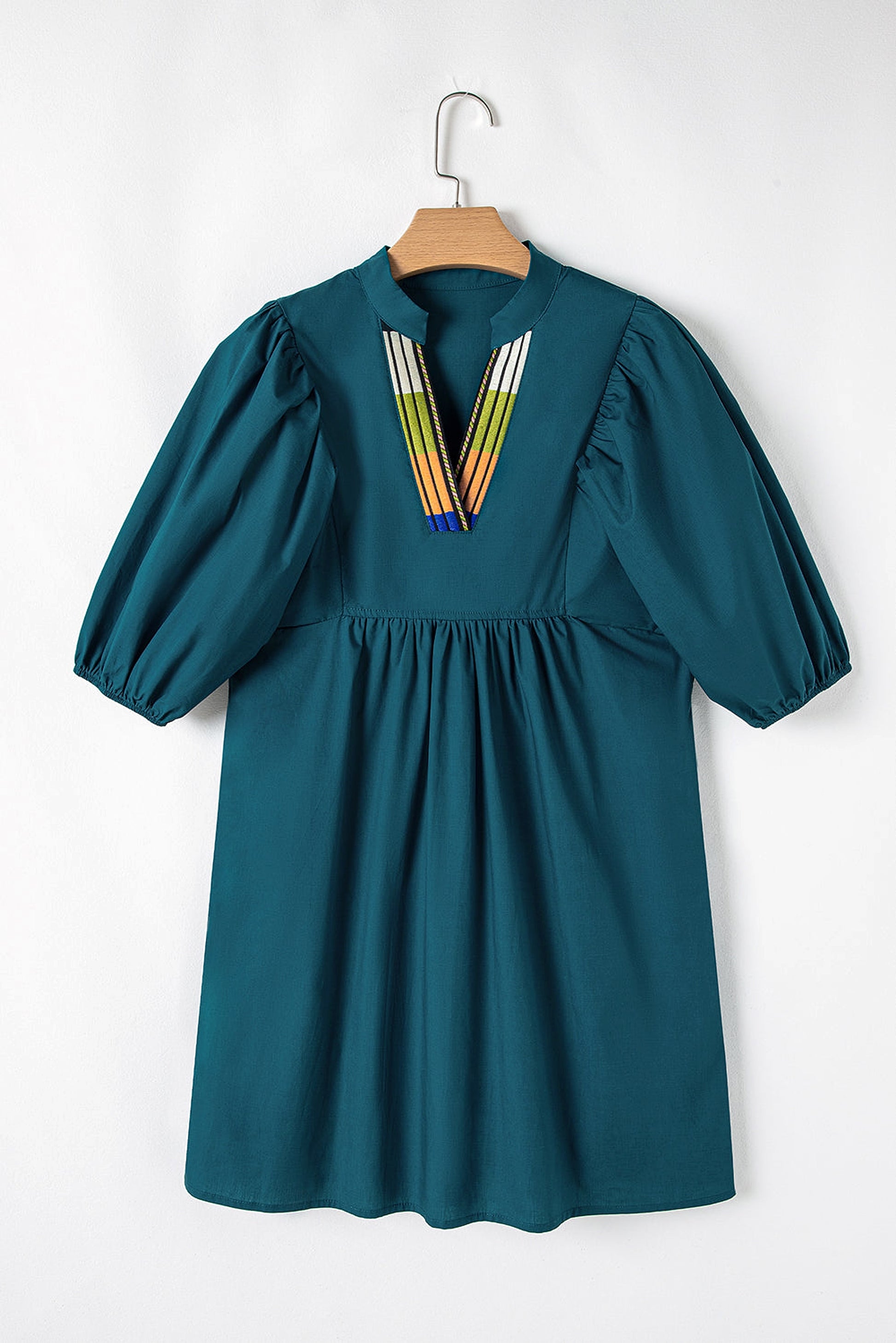 Blue Sapphire Colorblock Split V Neck Puff Sleeve Mini Dress - enhanced image 4