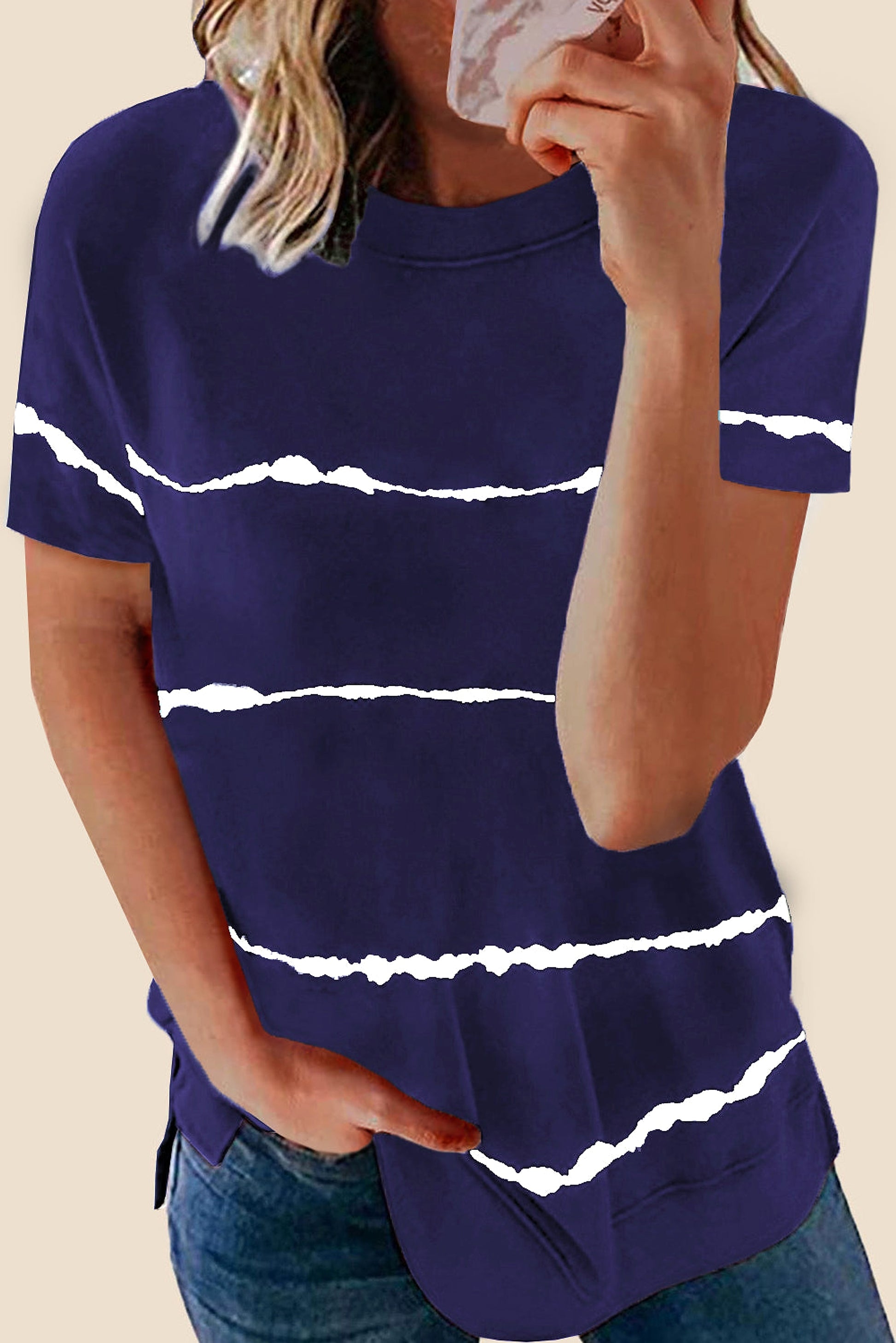 Blue Tie-dye Stripe Casual T-Shirt - enhanced image 4