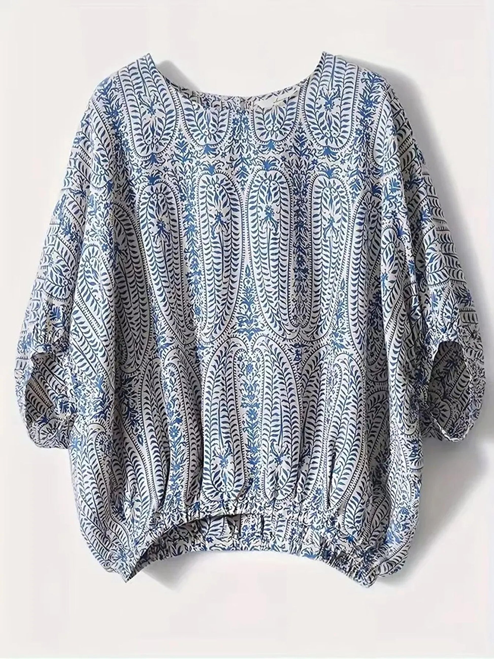 Bohemian Print Round Neck Loose Batwing Sleeve Blouse - enhanced image 4