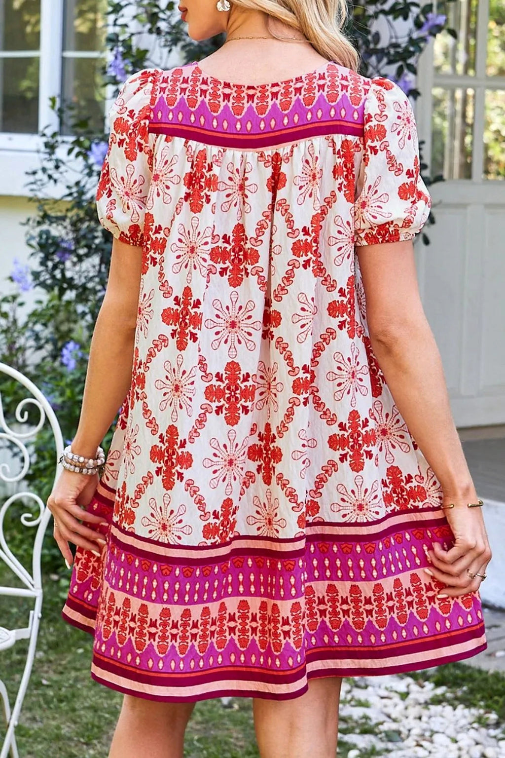 Boho Floral Short Sleeve Tie Neck Mini Dress - enhanced image 4