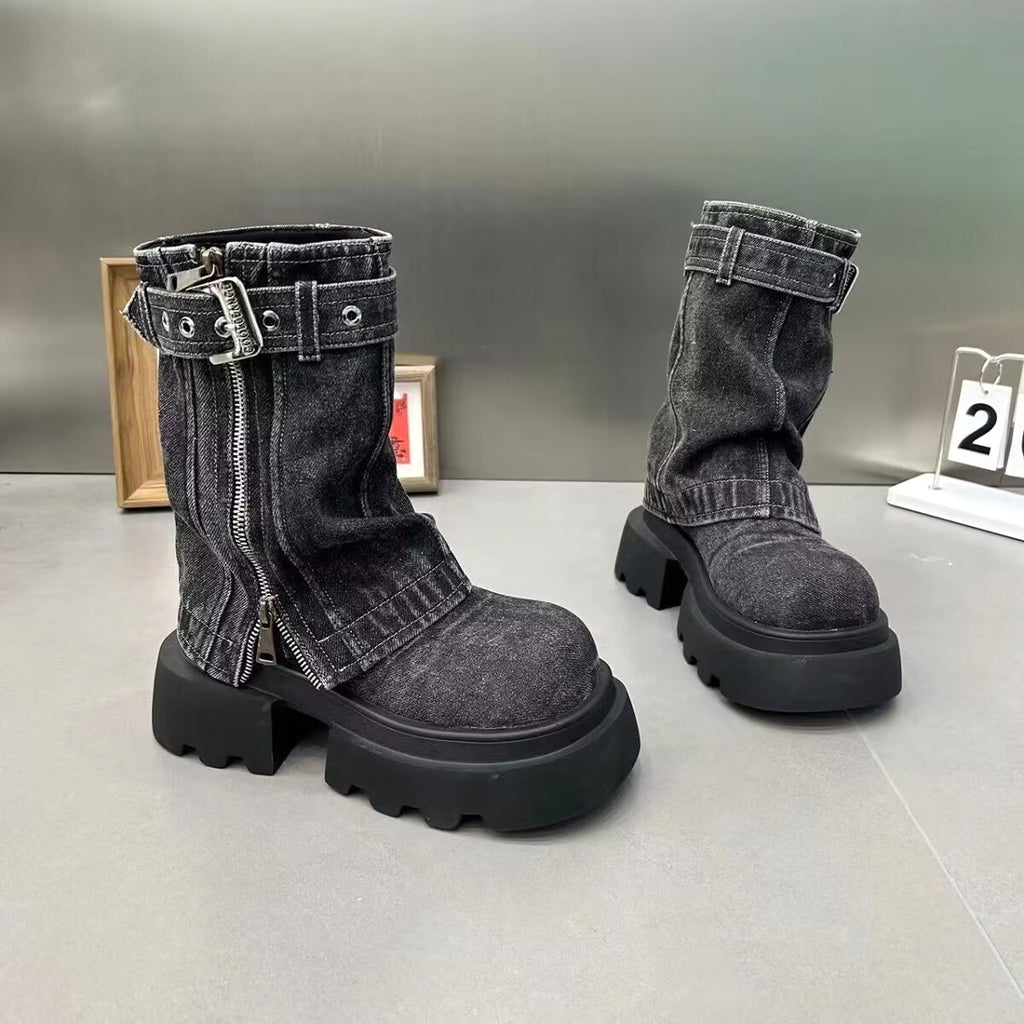 Boots Denim Fake Two Pieces Pile Style Boots Motorcycle Boots - enhanced image 4