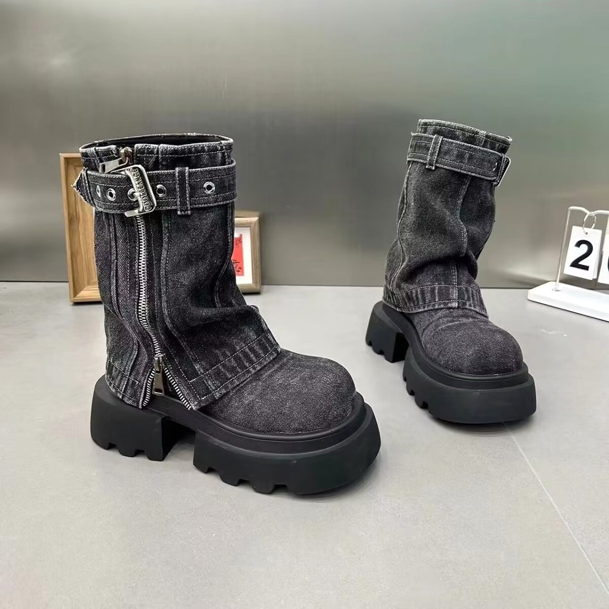 Boots Denim Fake Two Pieces Pile Style Boots Motorcycle Boots - enhanced image 4