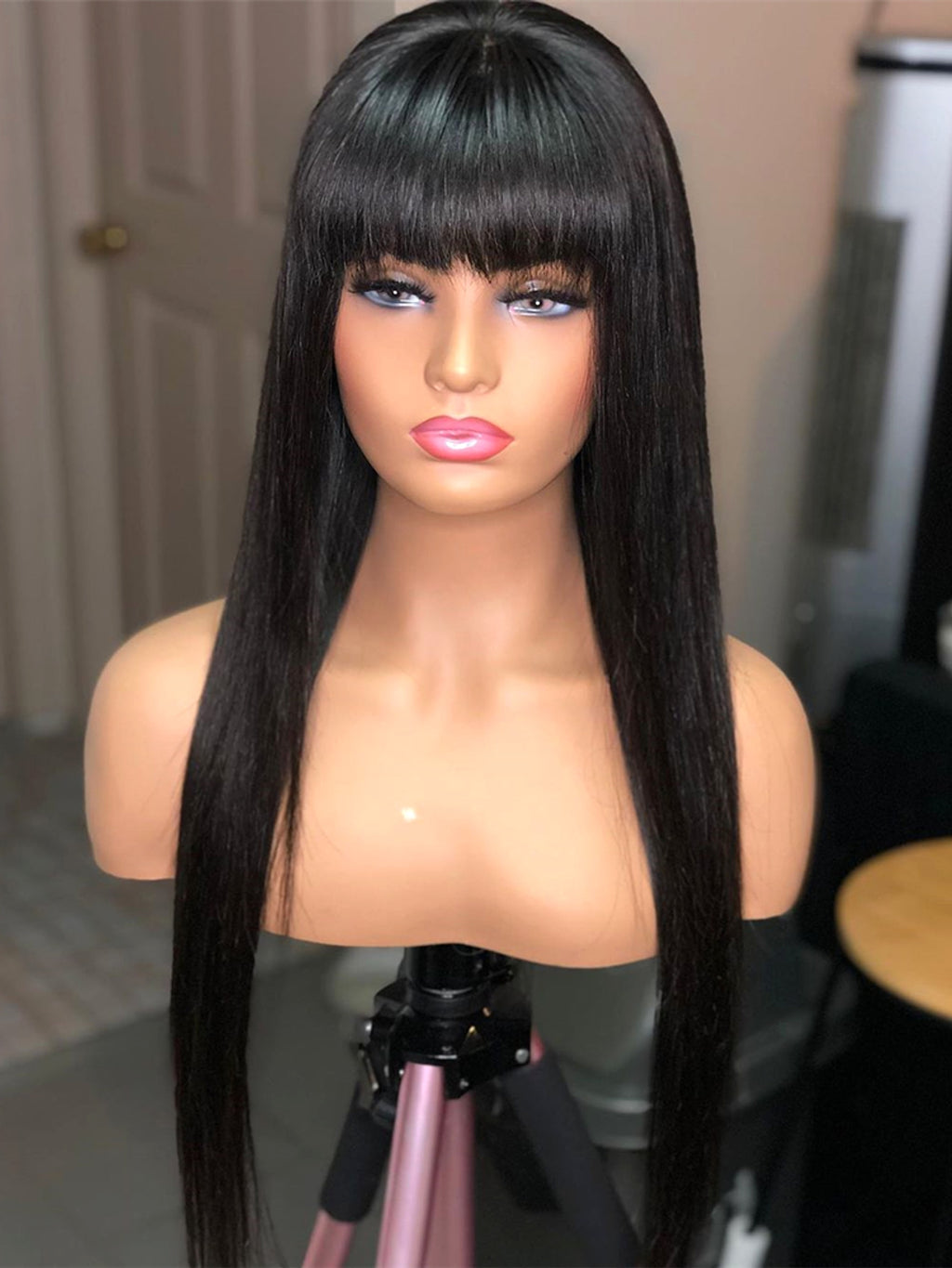 LuxeWaves Brazilian Straight Black 100 Real Hair 30Inch Long Bangs Wig - enhanced image 4