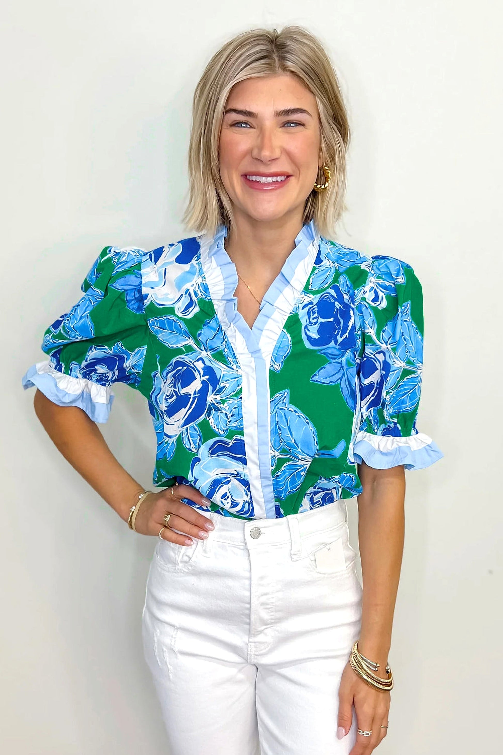 Bright Green Floral Frilled V Neck Short Sleeve Blouse Top - enhanced image 4