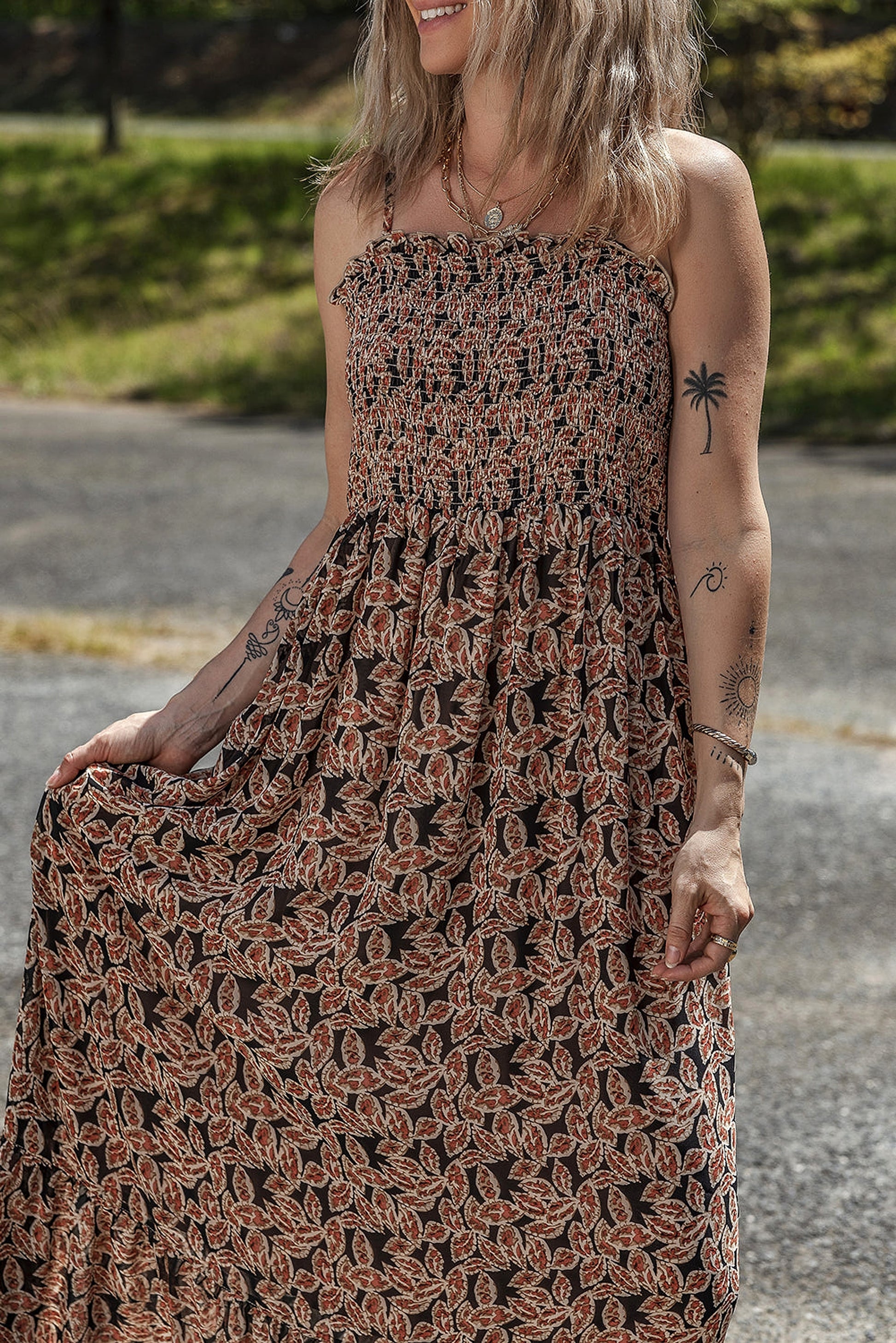 Brown Floral Smocked Bodice High Waist Flowy Sun Dress - enhanced image 4