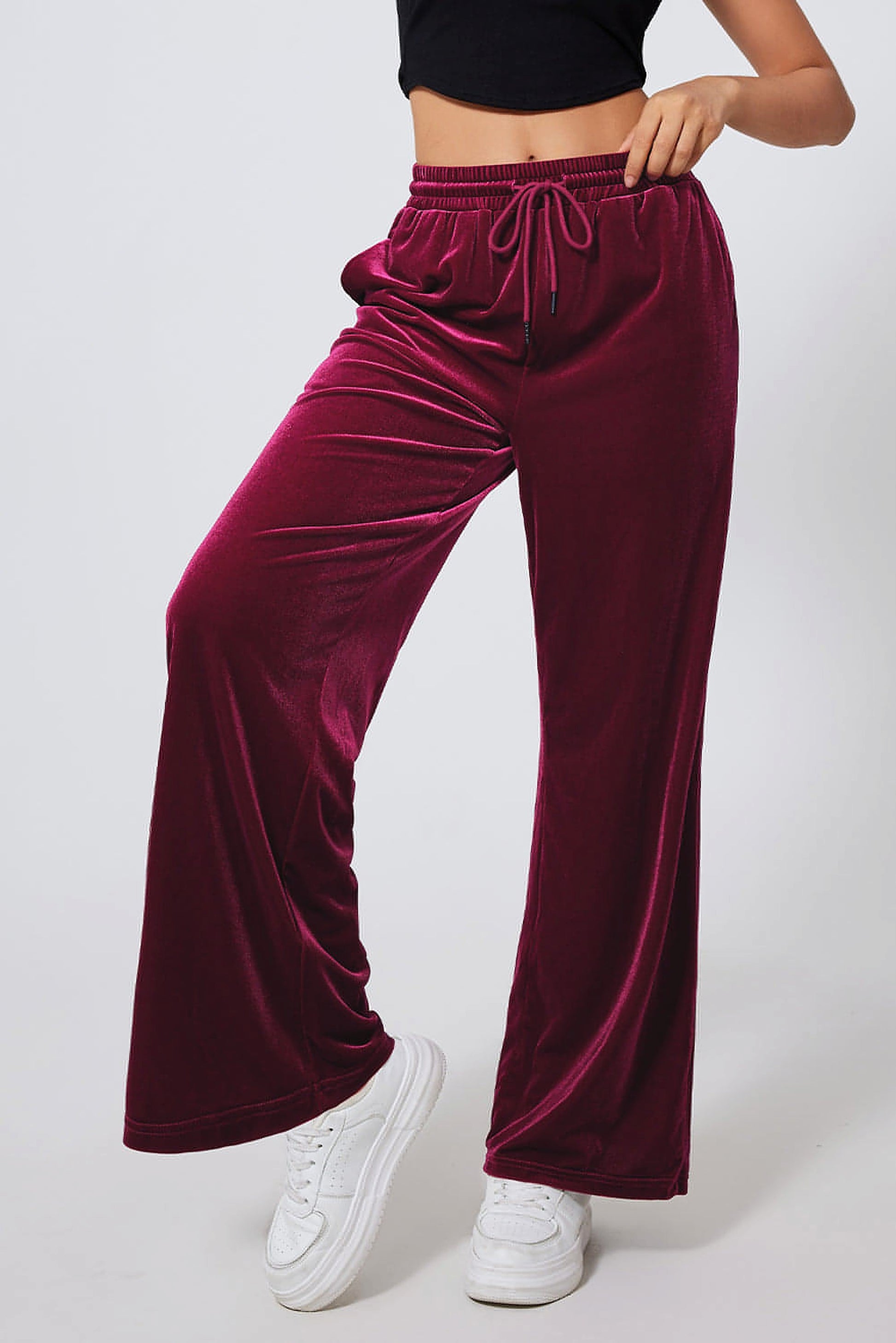 Burgundy Solid Drawstring Waist Wide Leg Pants - enhanced image 4
