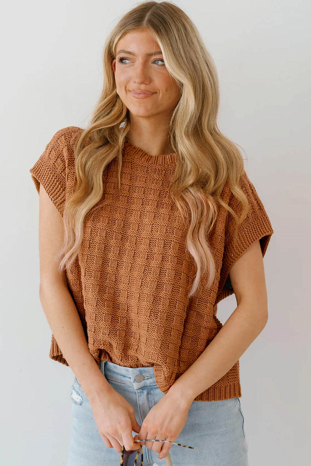 Camel Round Neck Textured Knit Sweater Vest - enhanced image 4
