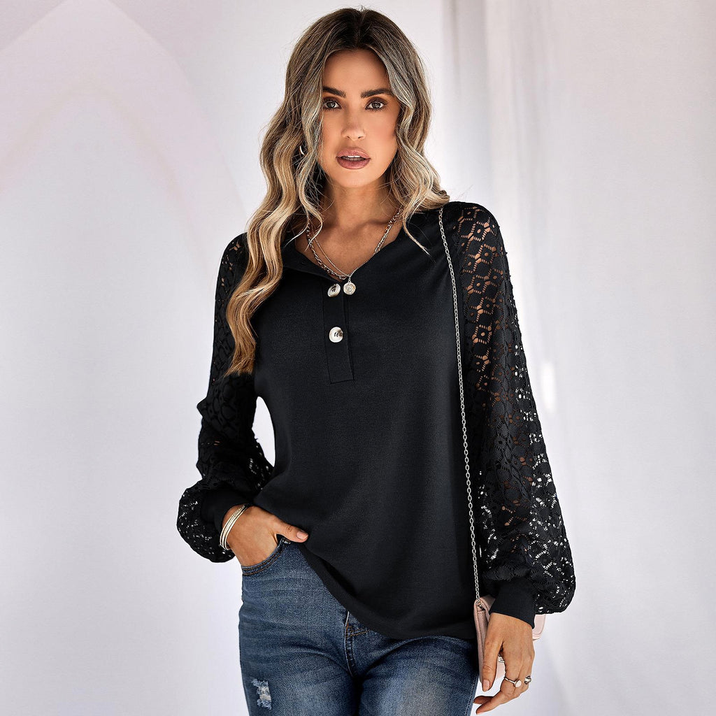 Casual Lace Button Top Women T-Shirt - enhanced image 4