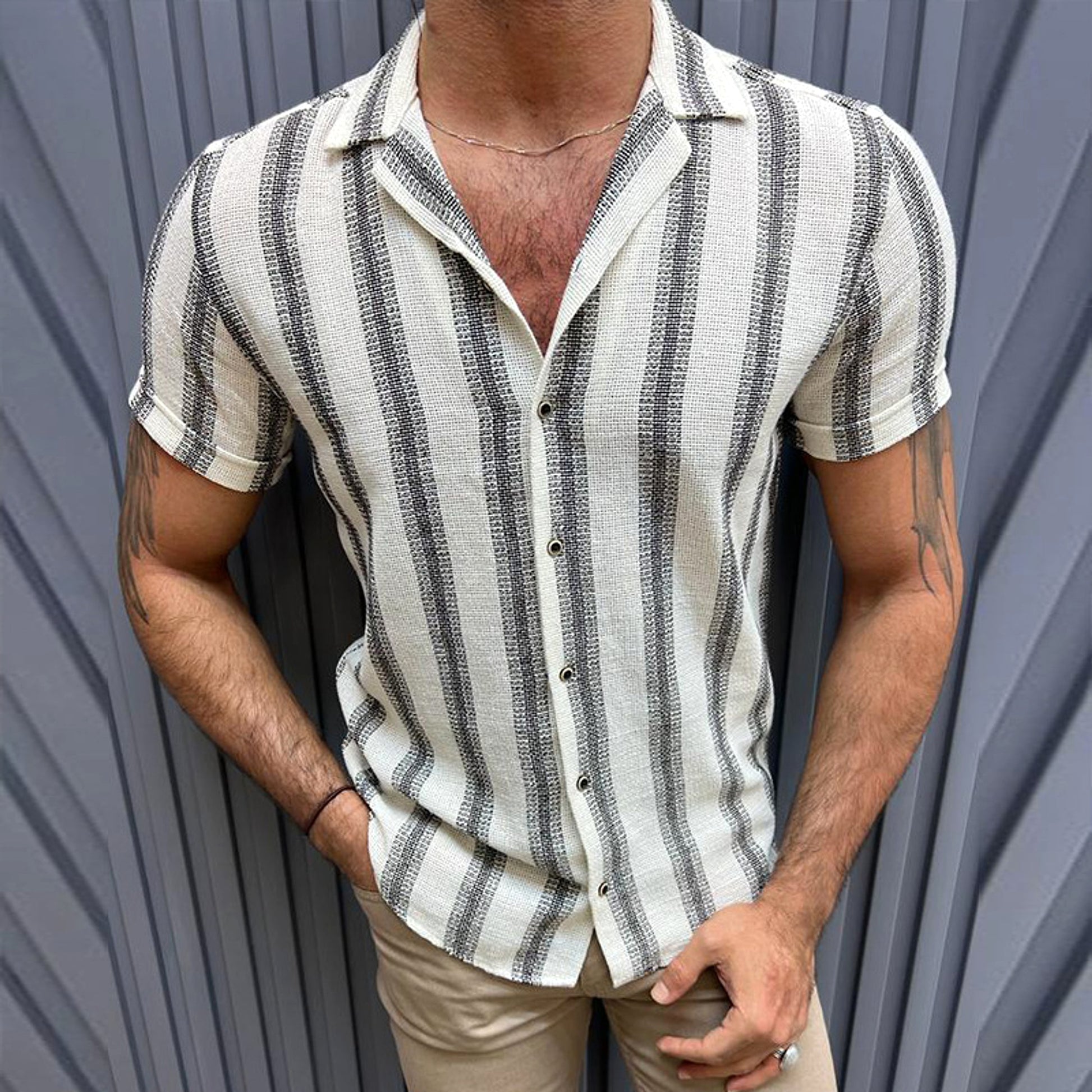 Casual Men's Stand Collar Striped DressShirt - enhanced image 4