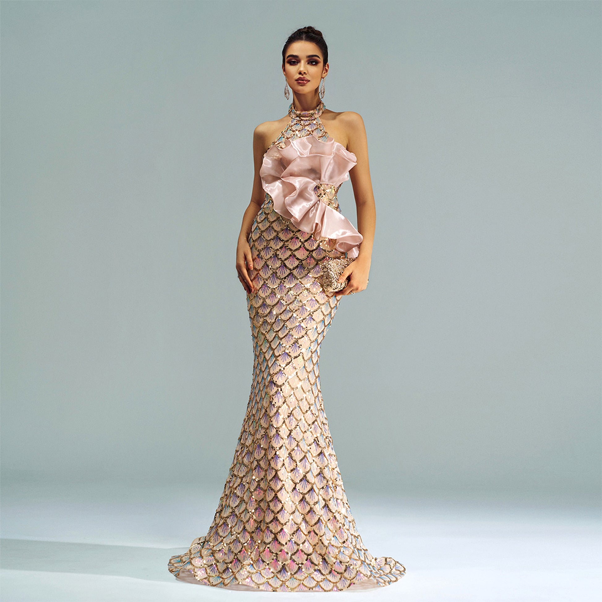 “Champagne Glam” Halter Mermaid Dress – Luxury for Elite Occasions - enhanced image 4