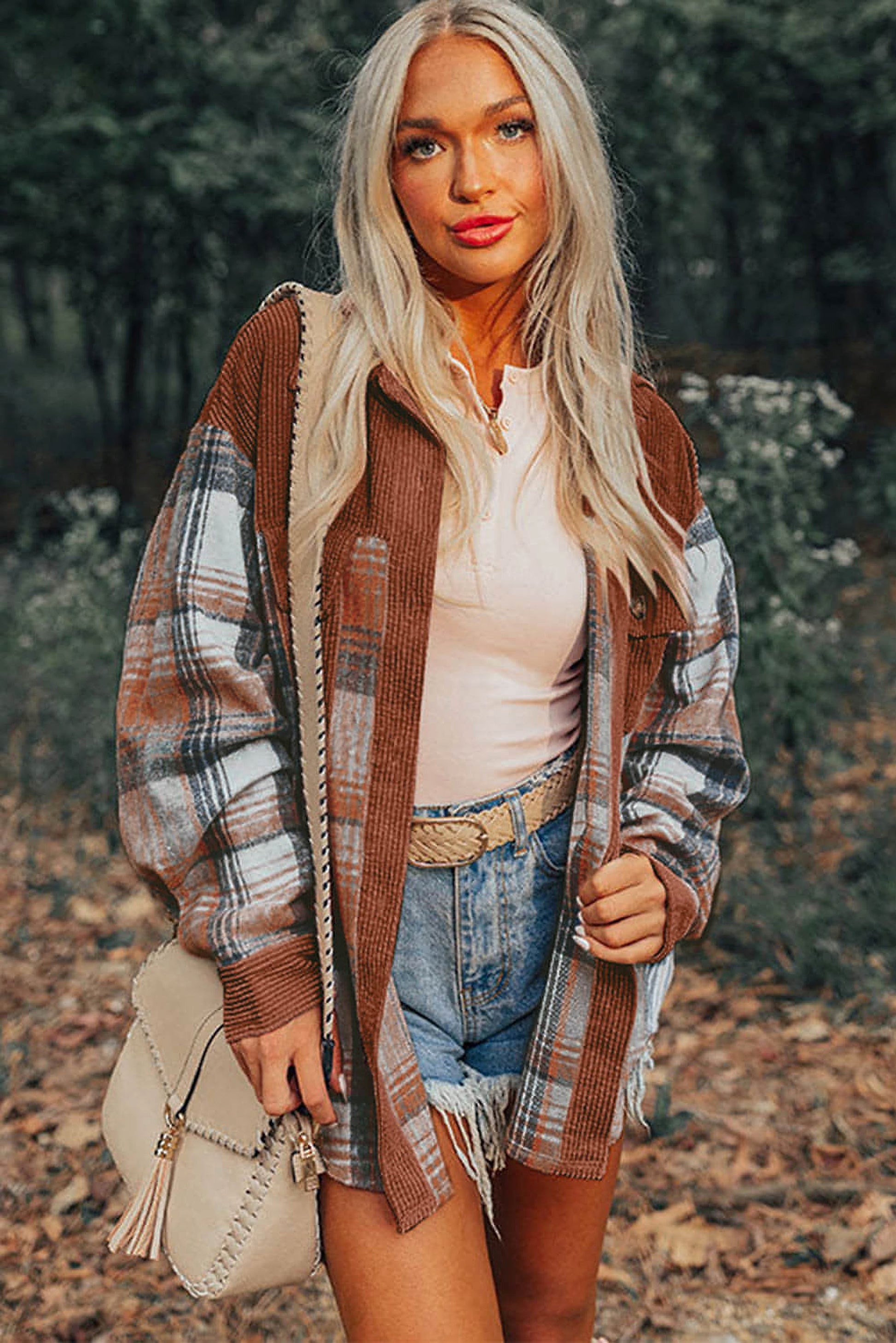 Cinnamon Plaid Corduroy Patchwork Chest Pocket Shacket - enhanced image 4