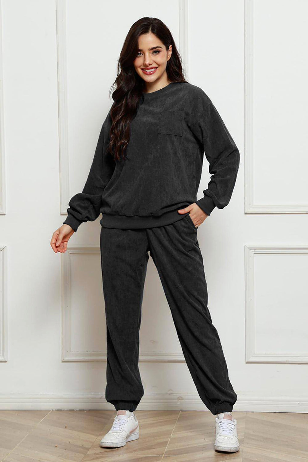 Corduroy Round Neck Sweatshirt and Sweatpants Set - enhanced image 4