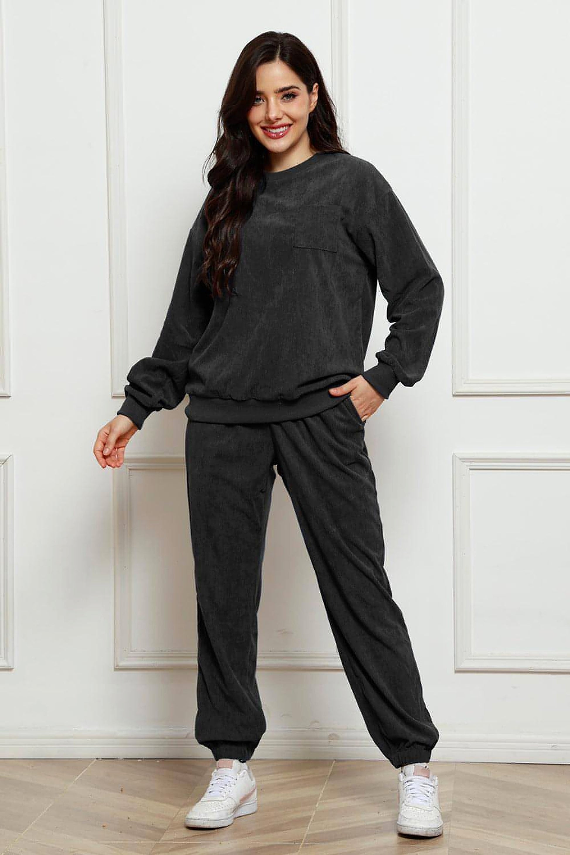 Corduroy Round Neck Sweatshirt and Sweatpants Set - enhanced image 4