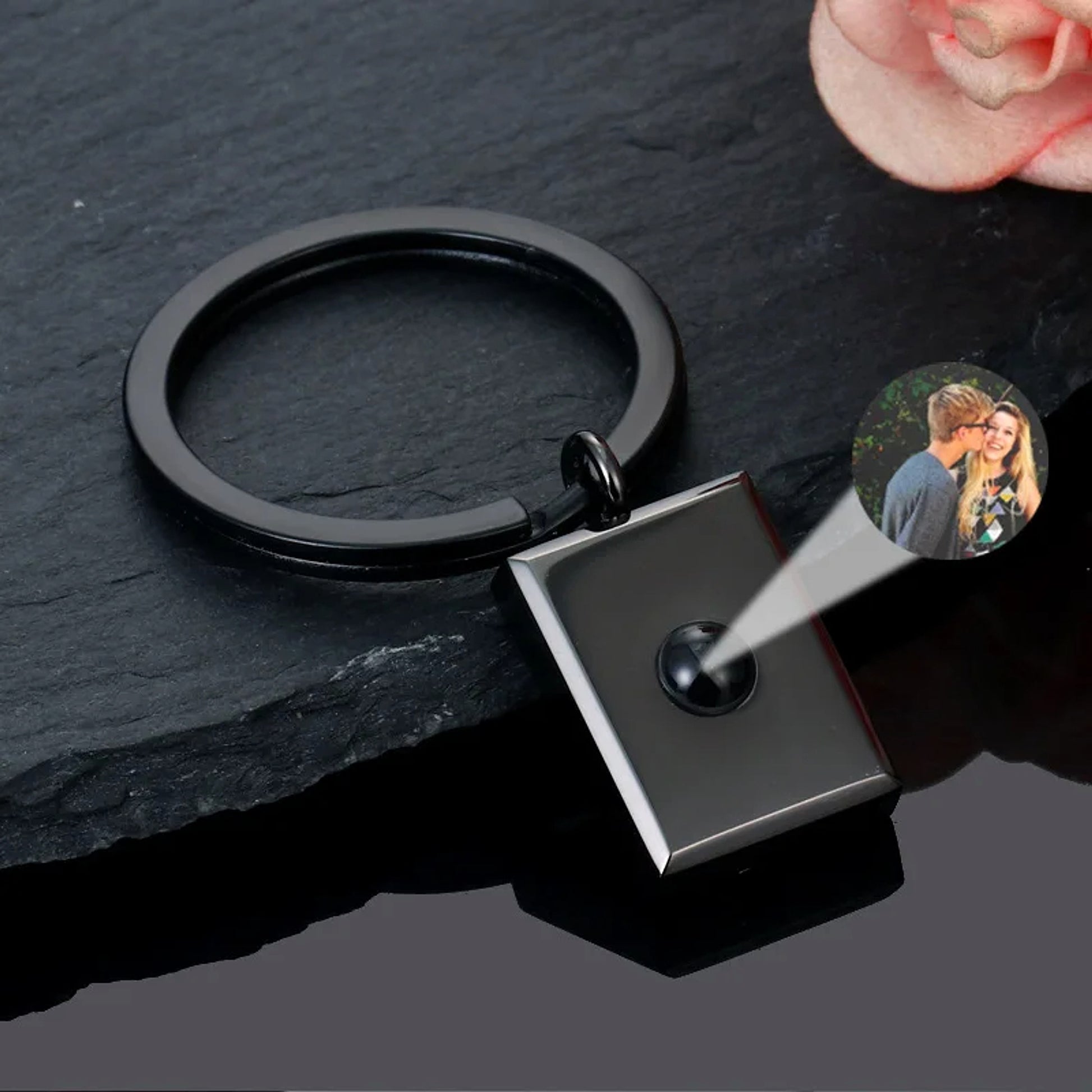 Customized Square Keychain Pendant with Bracelet & Projection Photo - enhanced image 4