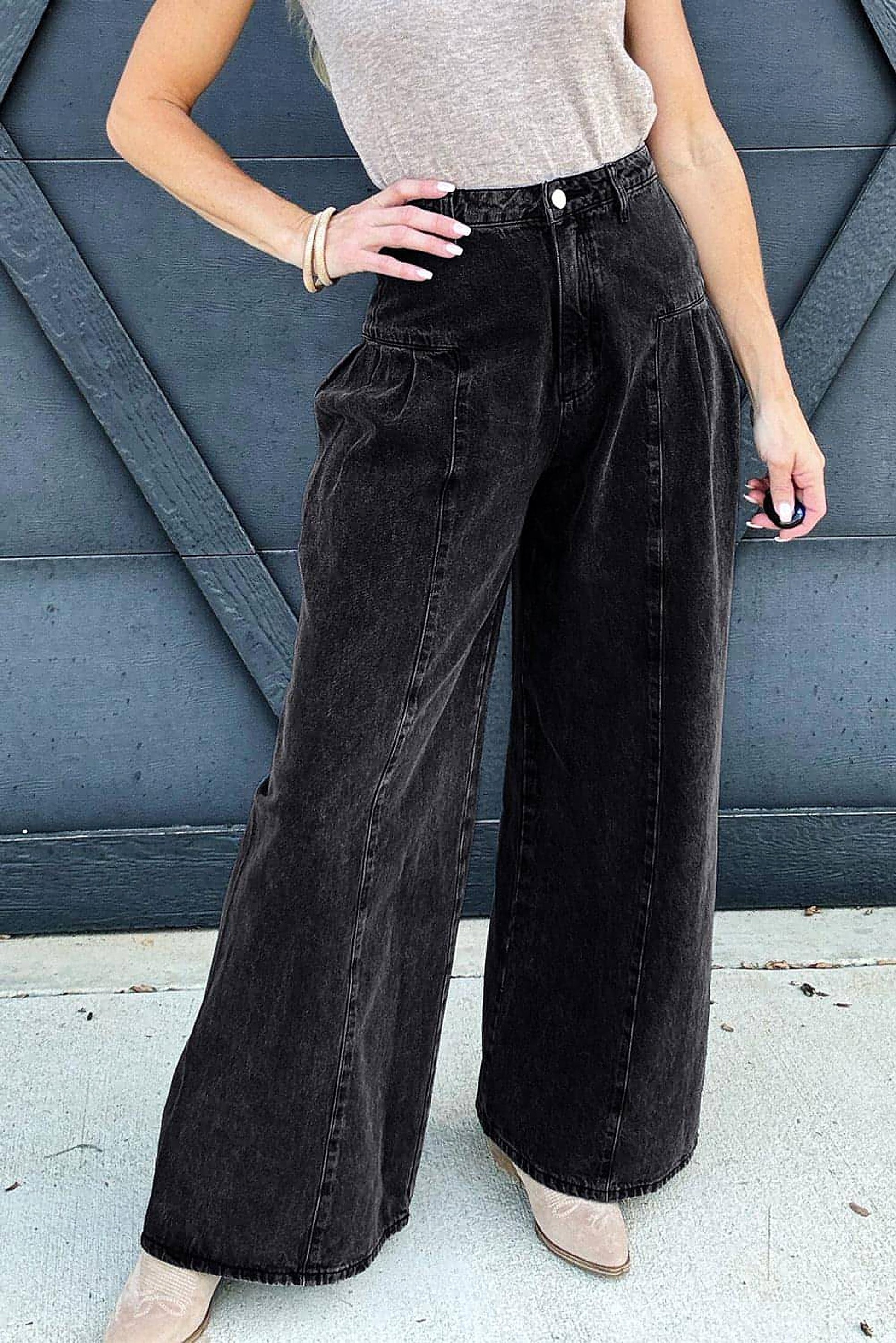 Dark Grey Pleated Wide Leg Mineral Wash Denim Pants - enhanced image 4
