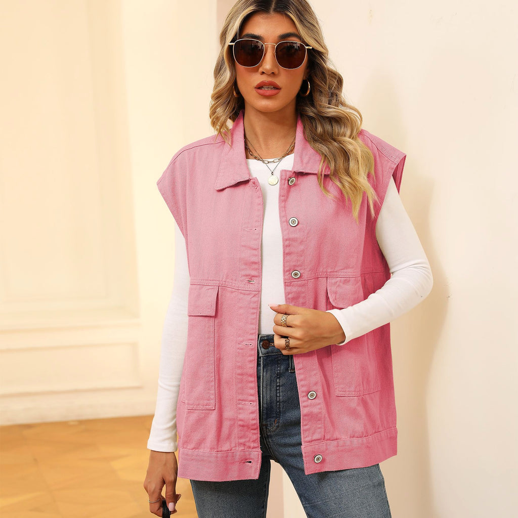A.1 Denim Vest With Big Pockets Sleeveless Outwear Jacket for Women - enhanced image 4